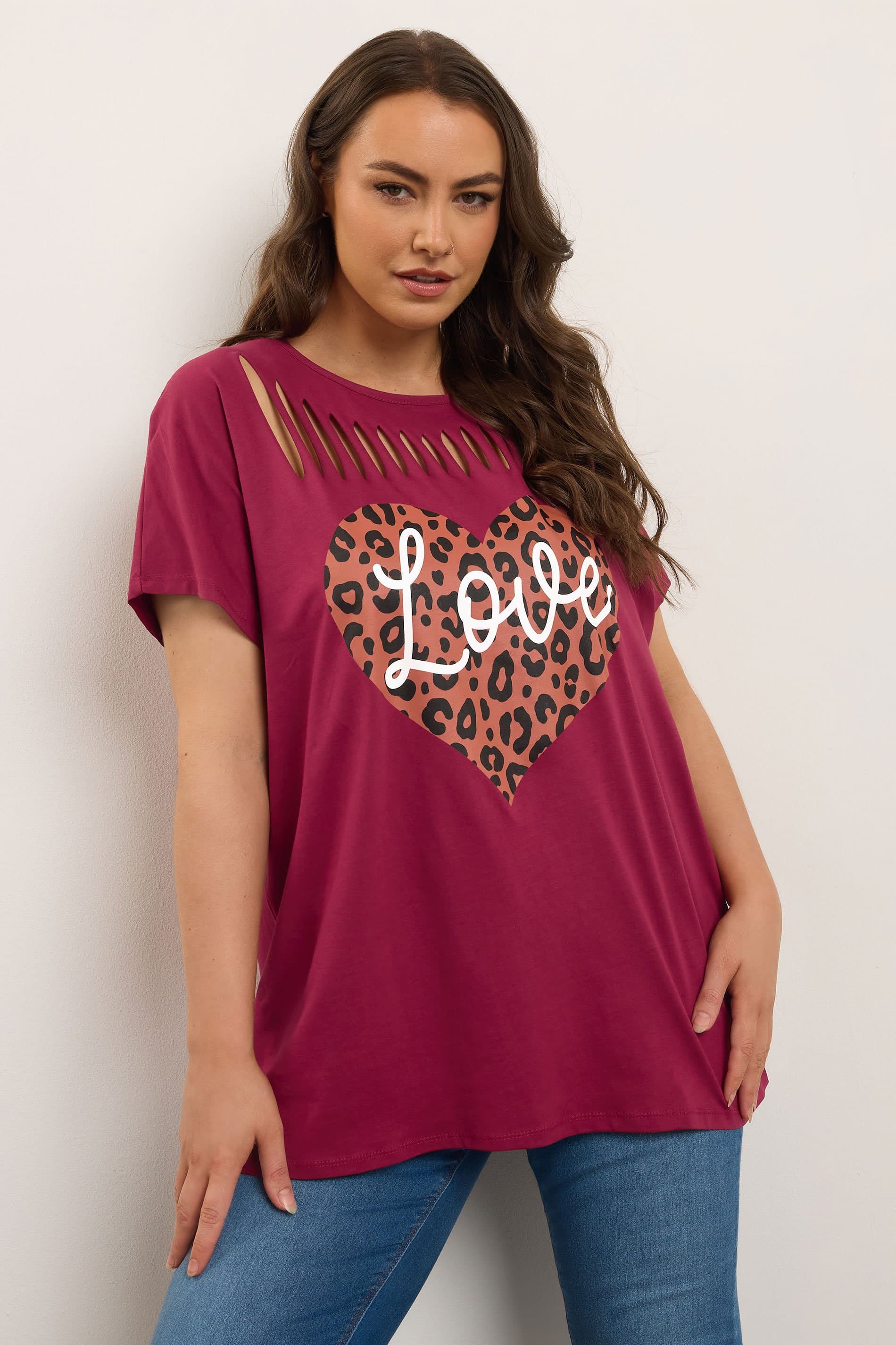 Yours Plus Size Red Leopard Heart Slash Detail Top