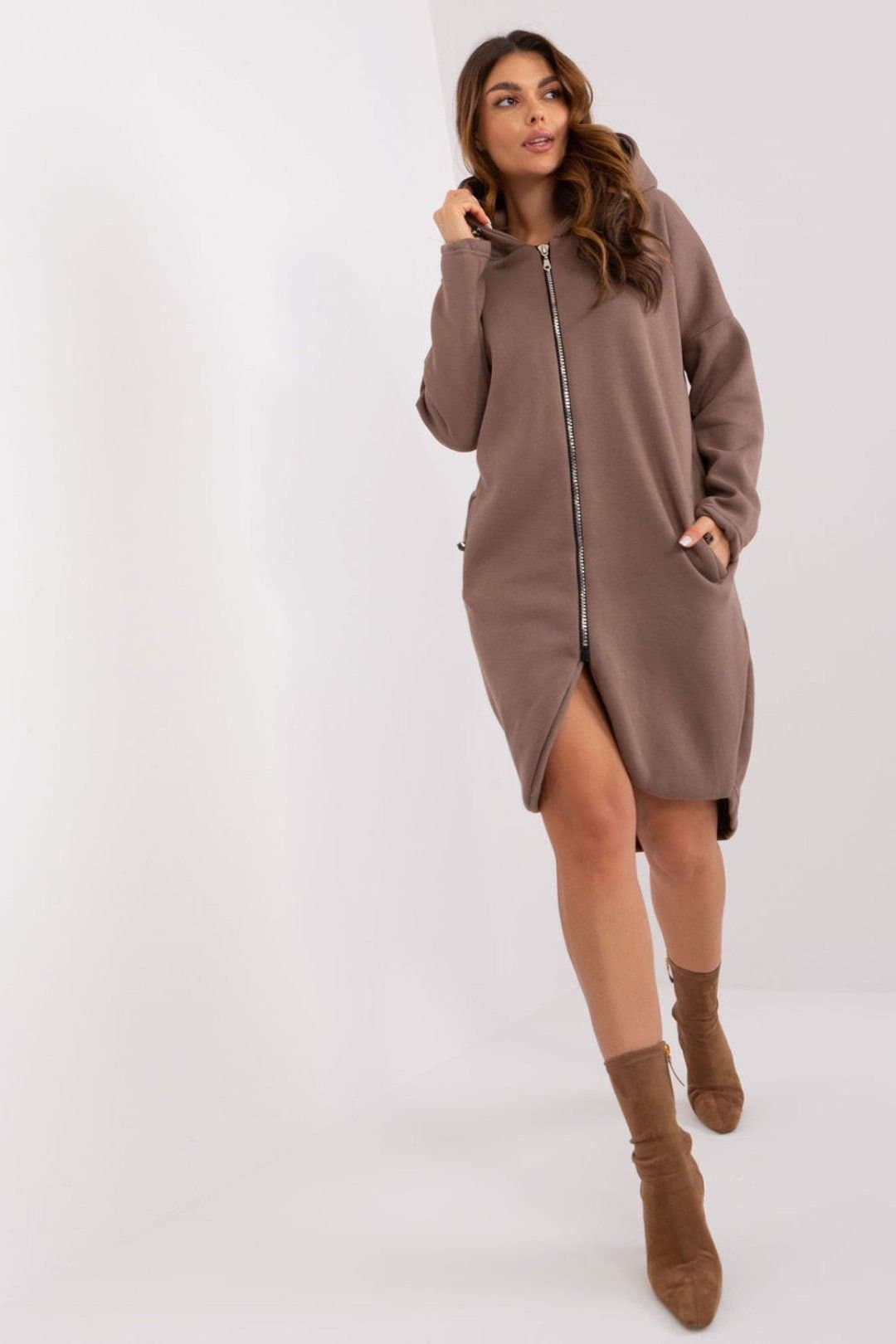 Love Lace Love Lace Women's Extended Zip Hooded Cotton Sweatshirt in Brown