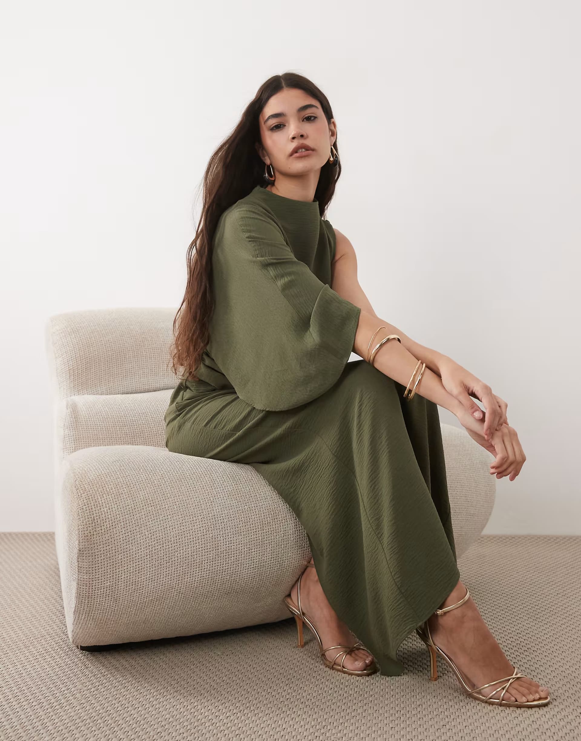 ASOS ASOS DESIGN one sleeve maxi dress with pleat waist detail in khaki