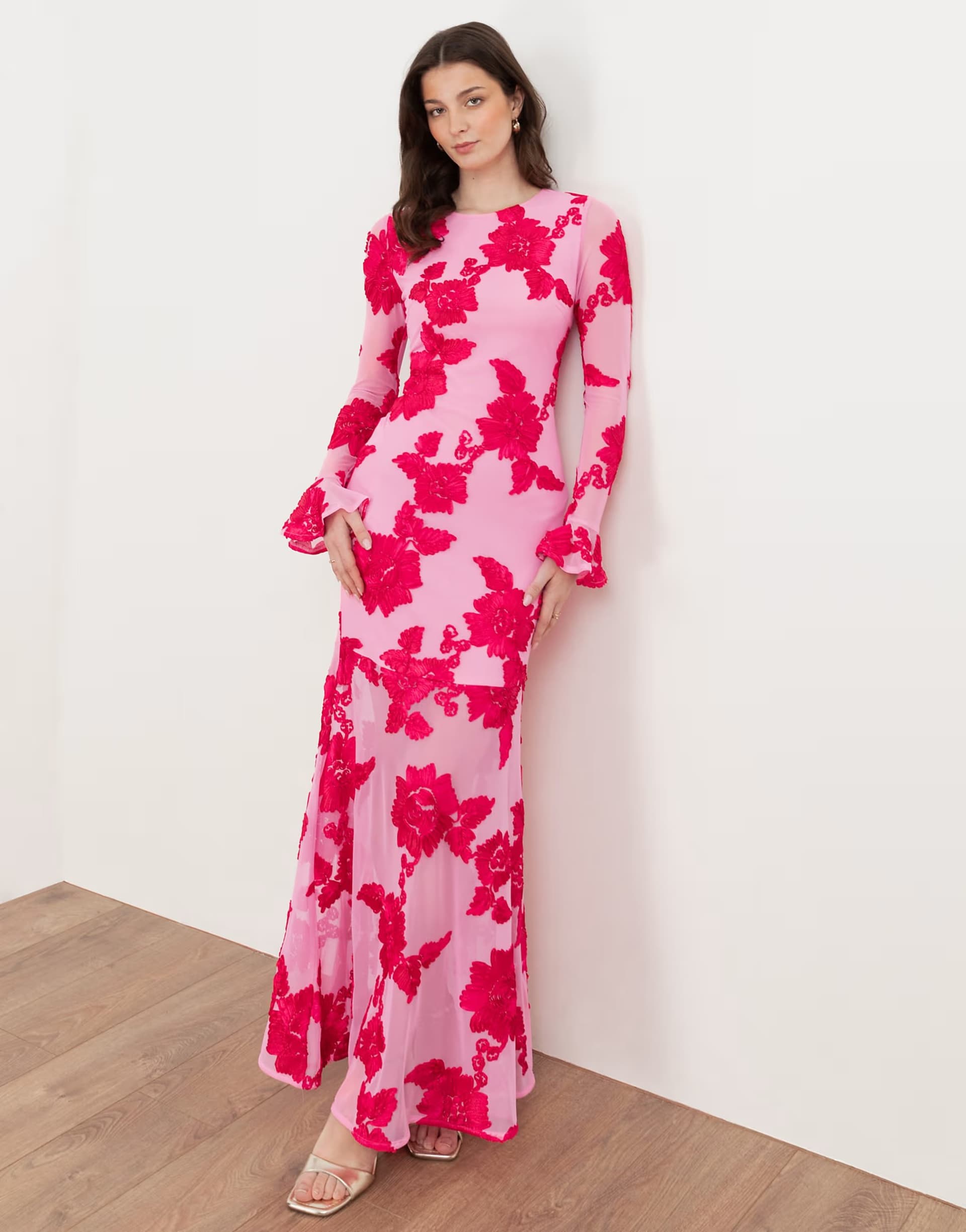 ASOS Maya Floral applique long sleeve mesh maxi dress in hot pink