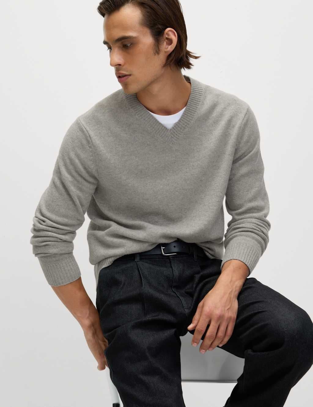 Marks & Spencer M&S Mid Grey Pure Lambswool V-Neck Jumper