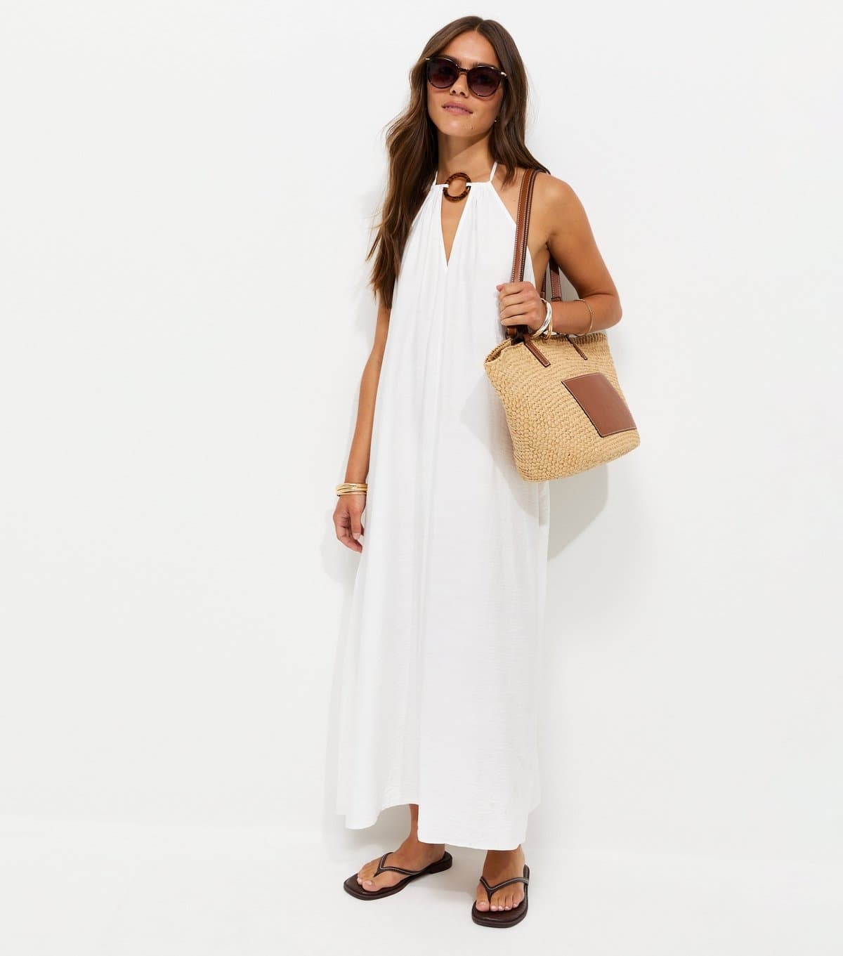 New Look Women's Petite White Tortoiseshell O-Ring Maxi Beach Dress New Look