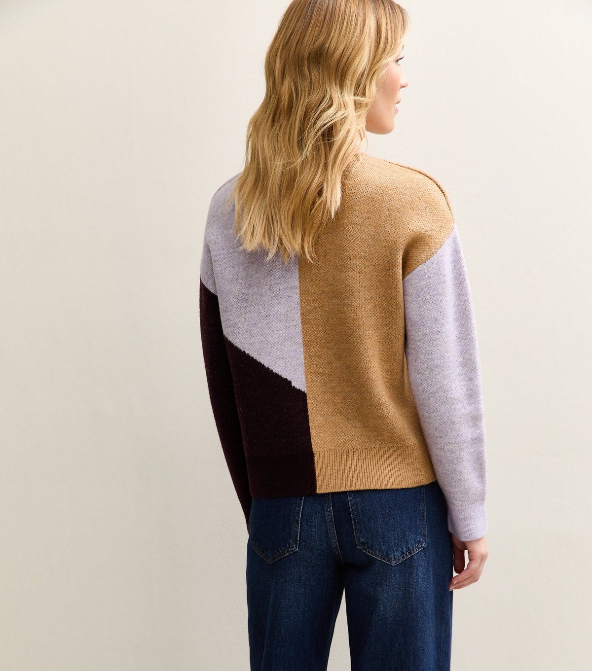 New Look Women's Purple  Camel and Burgundy Colour Block Crew Neck Jumper New Look - 4
