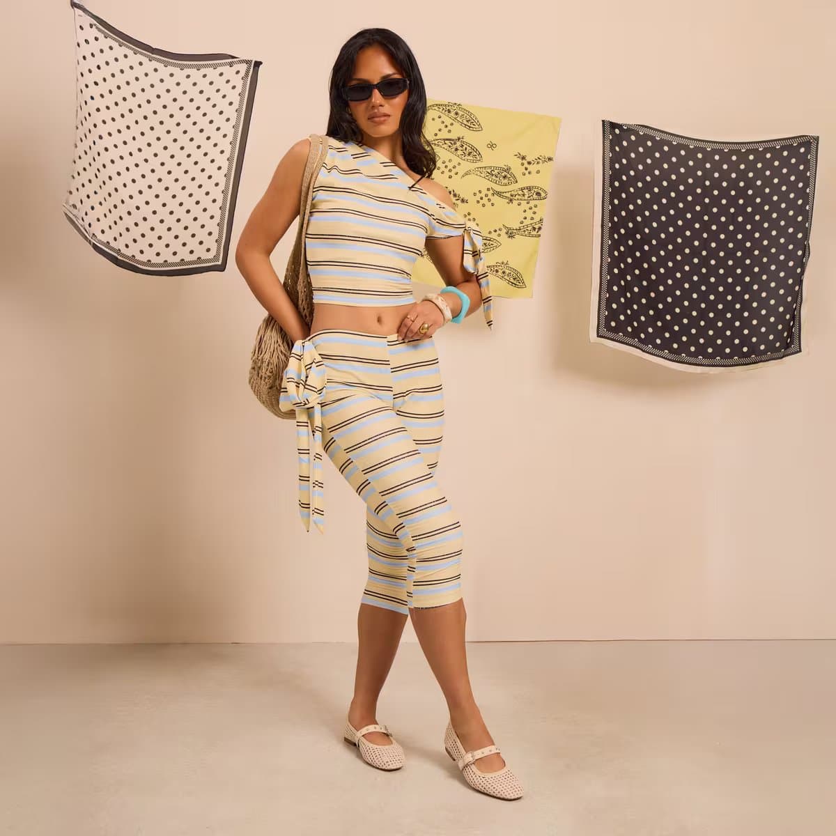 EGO Tie Side Detail Capri Trousers In Lemon Stripe, Women's Size UK 6