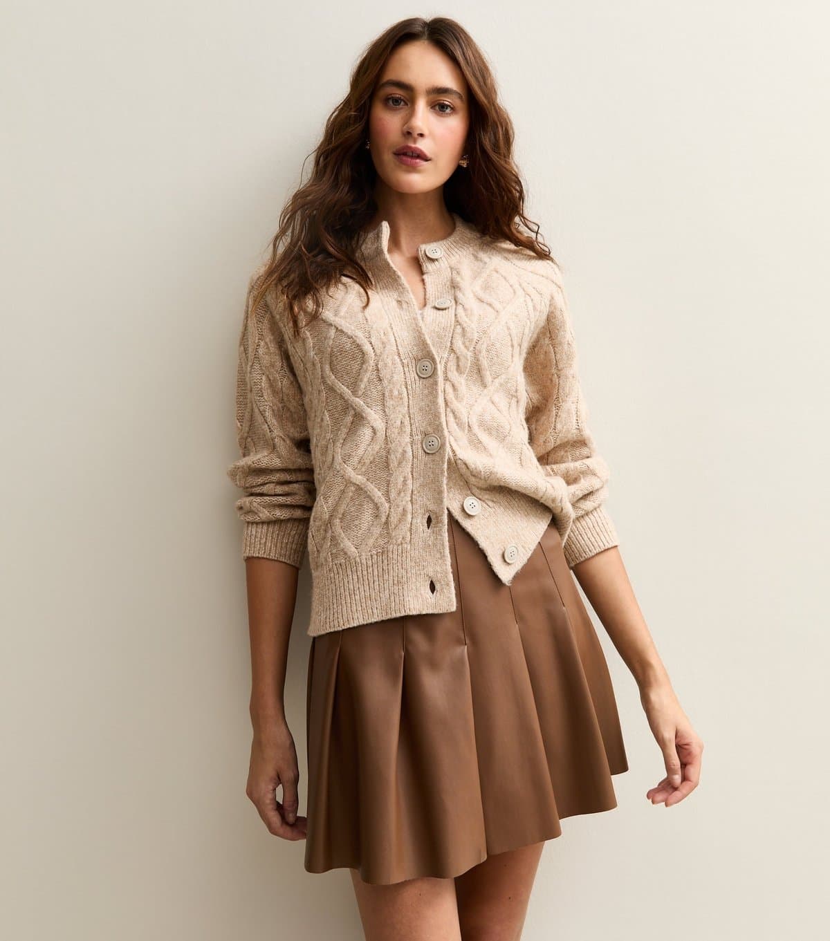 New Look Women's Tan Faux Leather Pleated Mini Skirt New Look