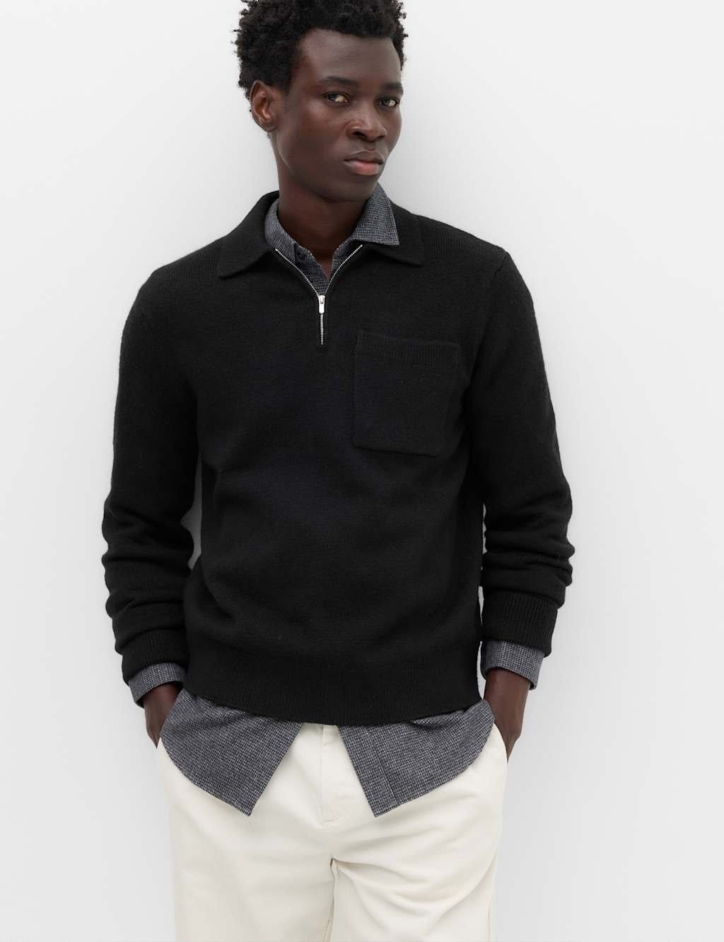 Marks & Spencer M&S Supersoft Quarter Zip Knitted Polo Shirt Black - 1