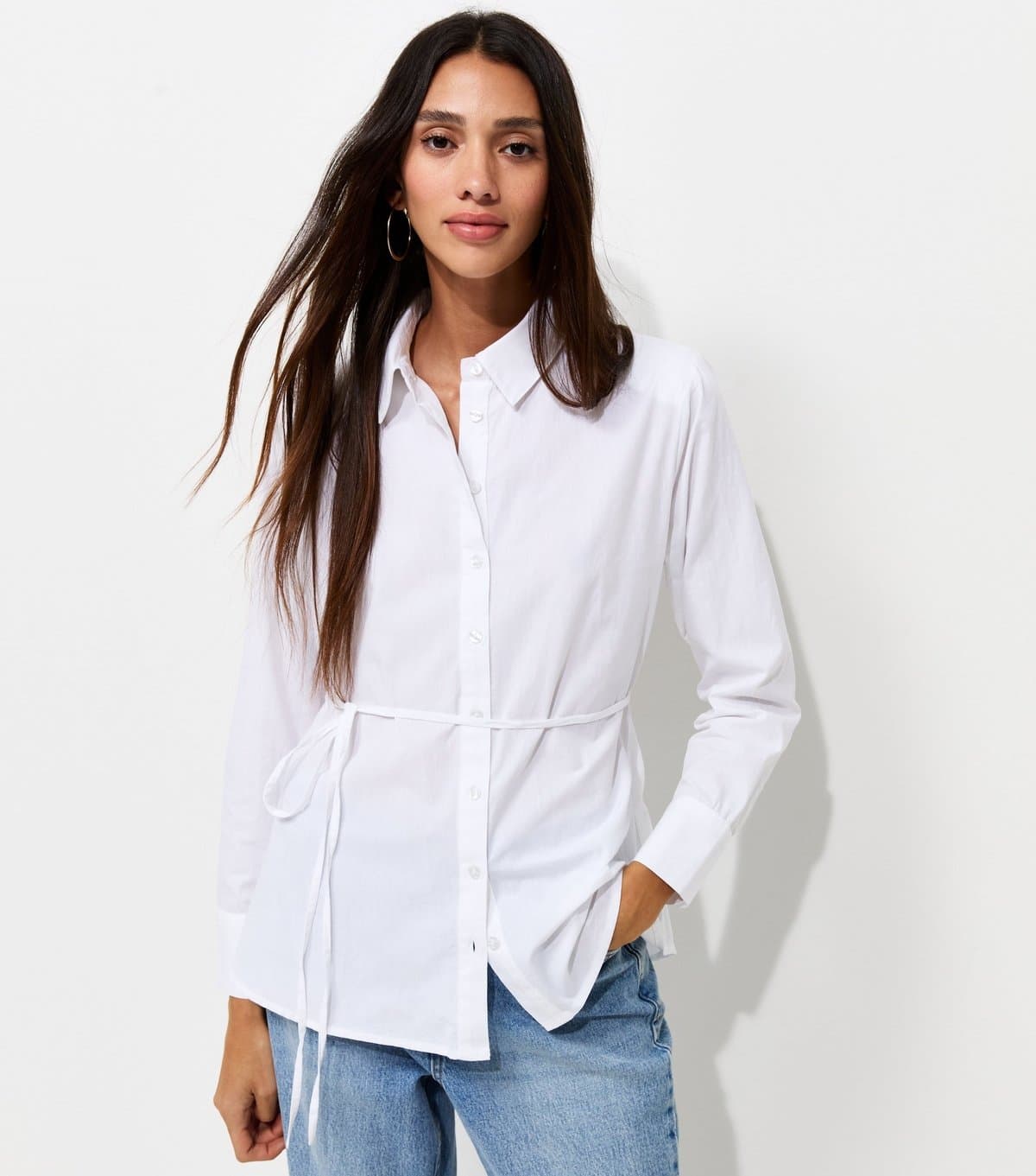 New Look Women's White Cotton Tie Waist Longline Shirt New Look