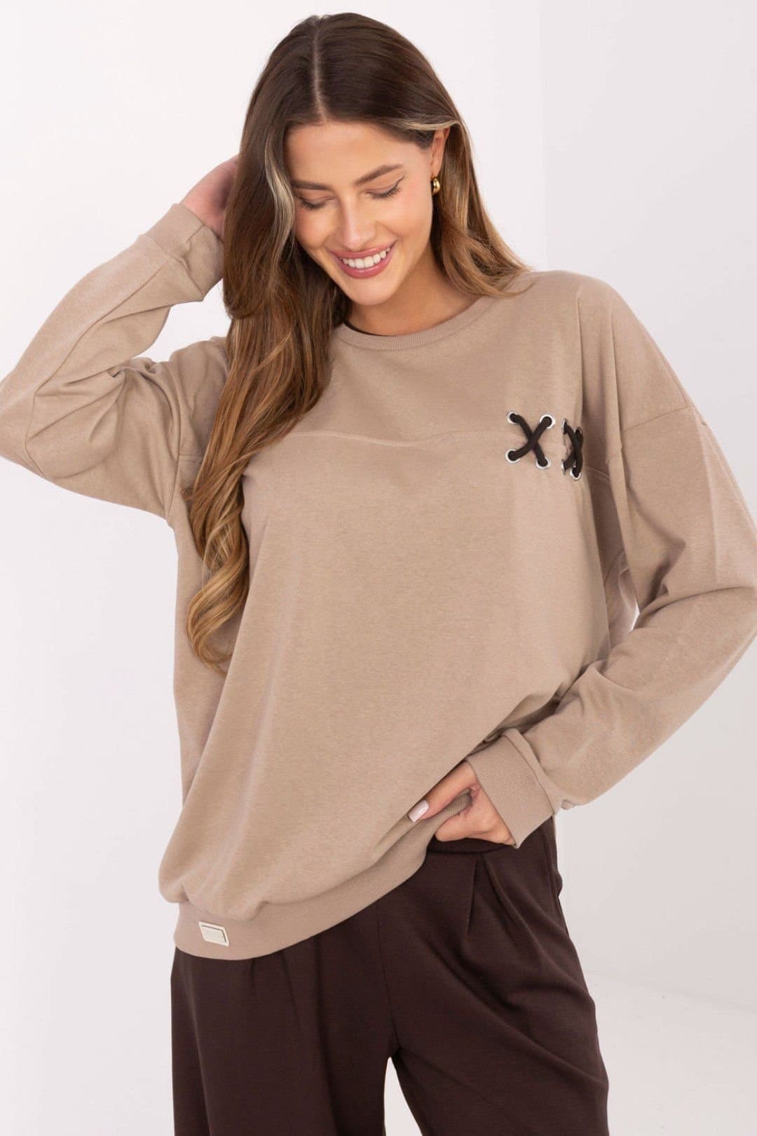 Love Lace Love Lace Women's Oversized Cotton Polyester Sweatshirt with Braid in Beige
