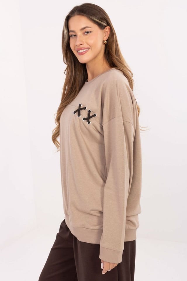 Love Lace Love Lace Women's Oversized Cotton Polyester Sweatshirt with Braid in Beige - 2