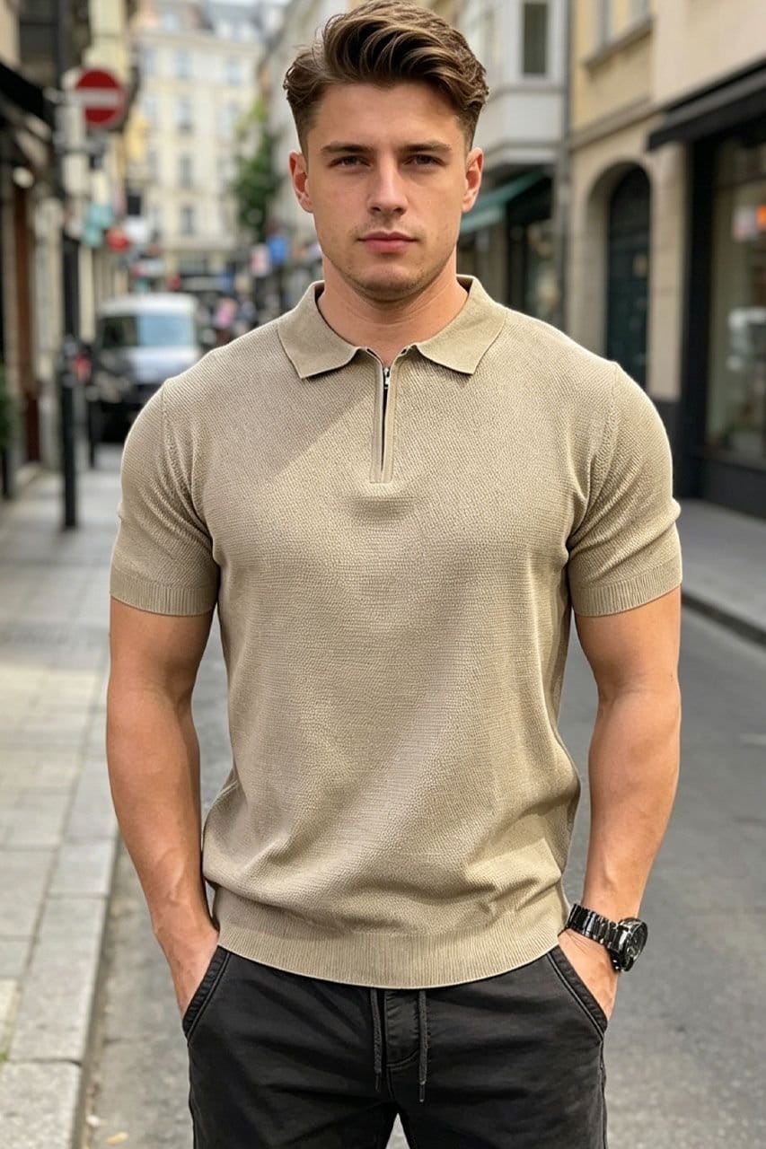 Lovii Men's Khaki Half Zip Knit Polo Short Sleeve Summer T-Shirt