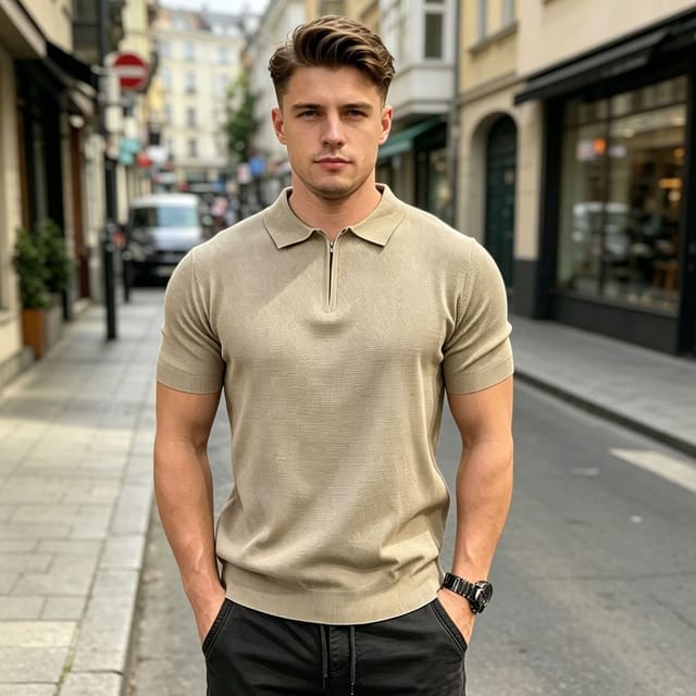 Lovii Lovii Men's Men Half Zip Knit Polo Thin Short Sleeve Summer T-Shirt Khaki - 2