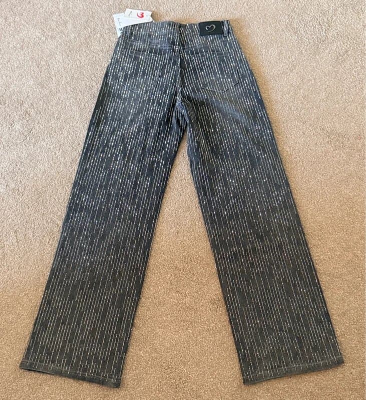 Milas Milas Rhinestone Wide Leg Jeans – Grey Sparkly Denim – Size M / UK 10–12 – BNWT