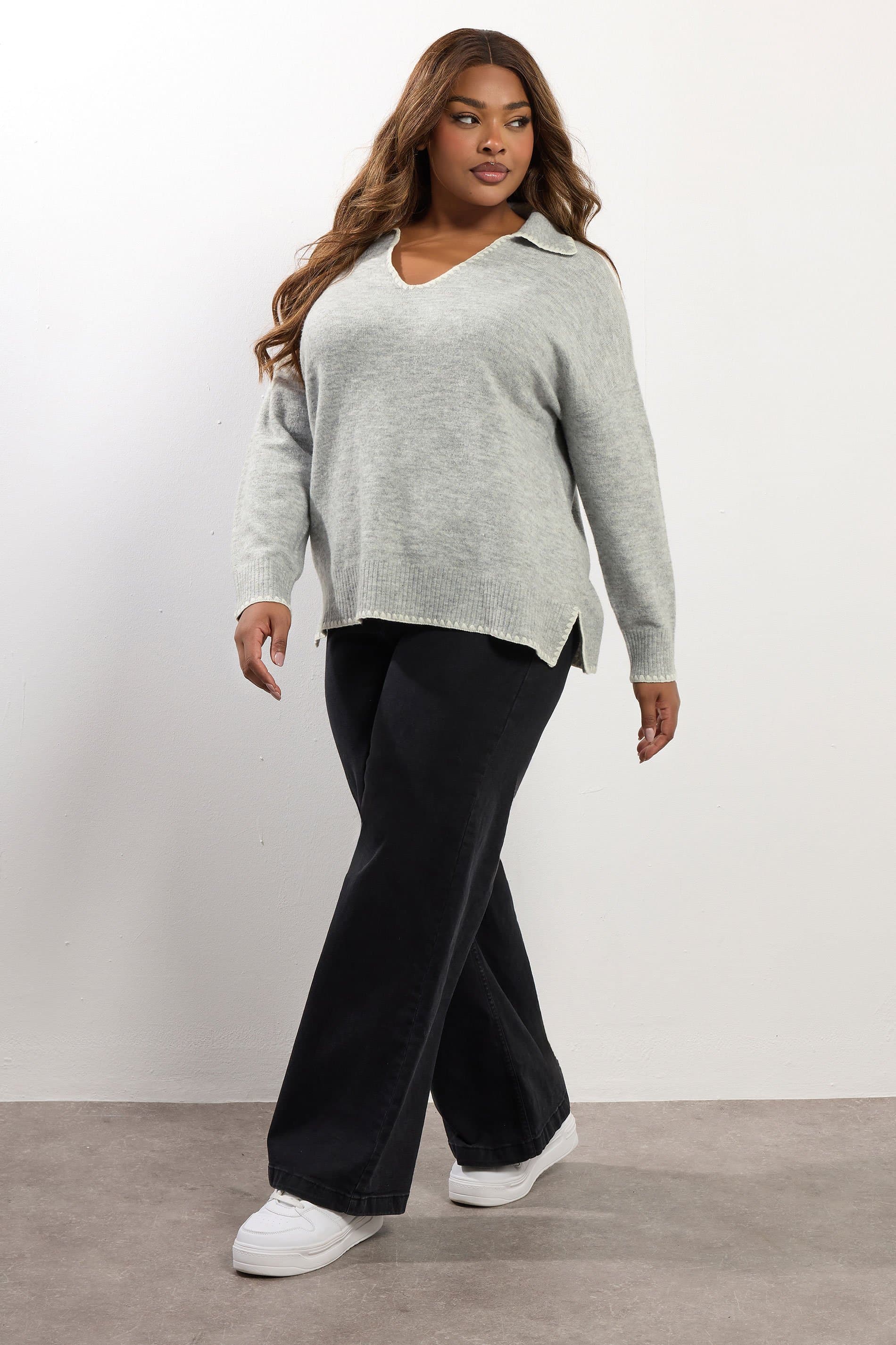Yours Plus Size Grey Blanket Stitch Collared Jumper