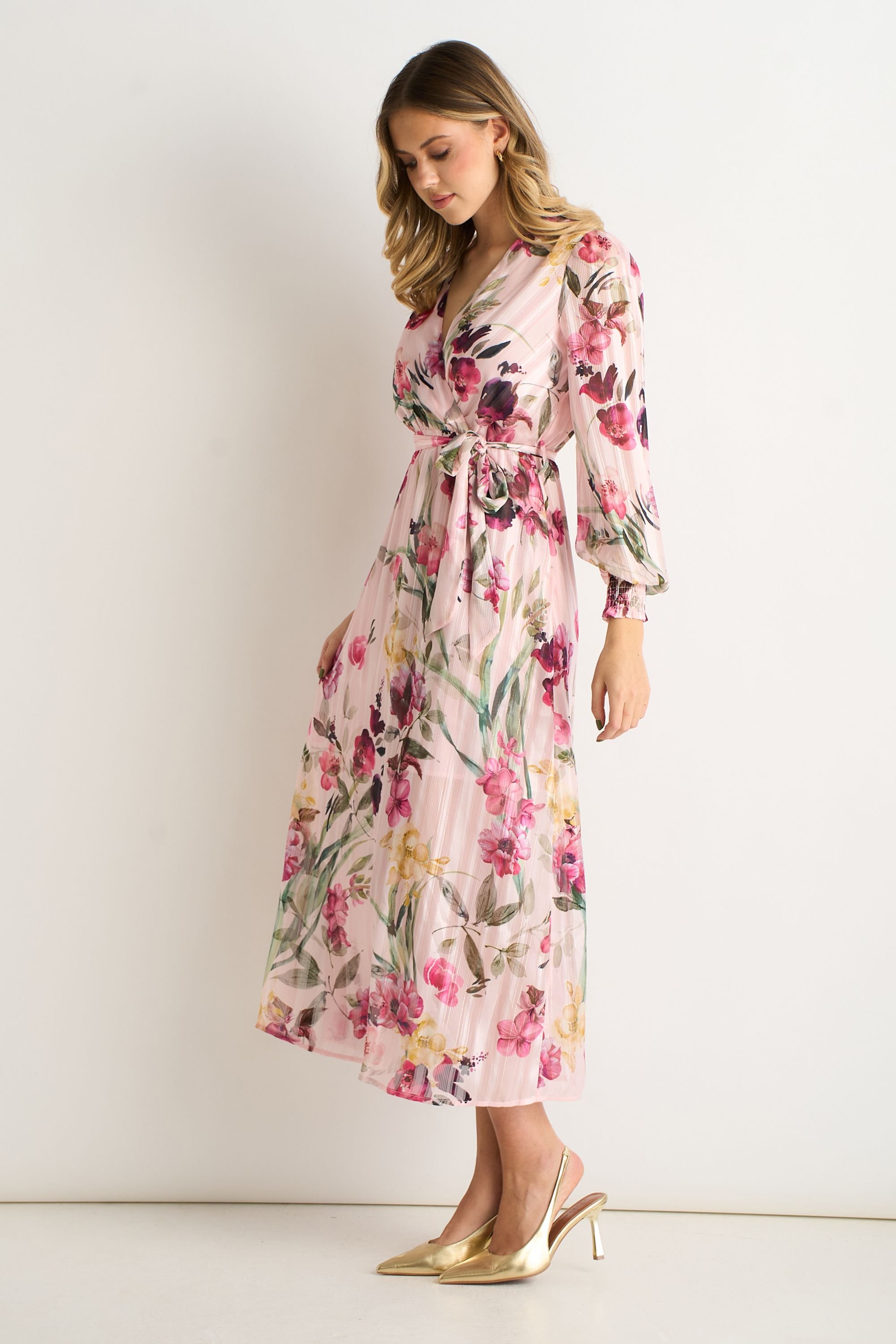 Gini London Gini London Women's Pink Floral Print Sparkle Chiffon Wrap Midi Dress in Light Pink - 3