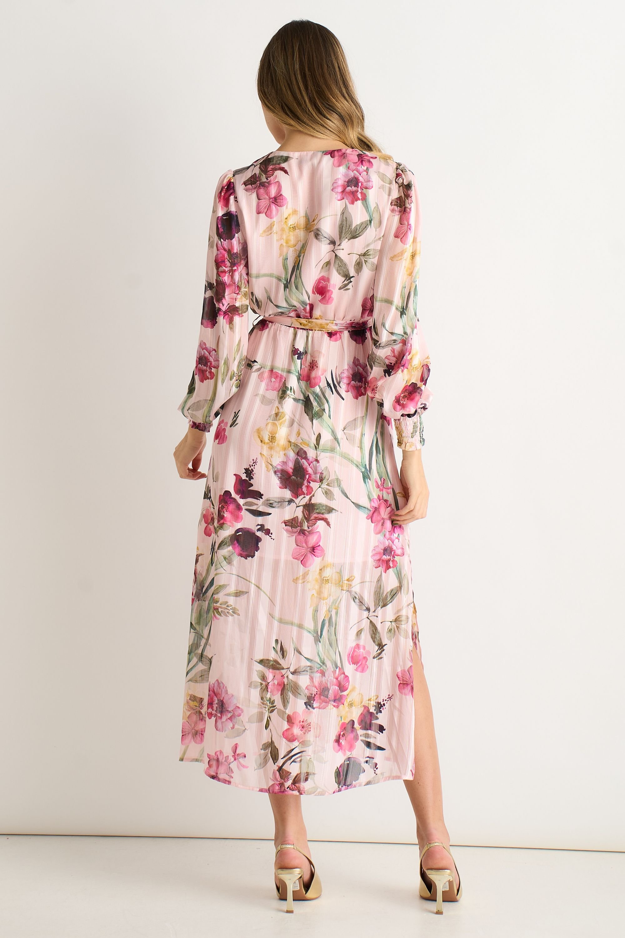 Gini London Gini London Women's Pink Floral Print Sparkle Chiffon Wrap Midi Dress in Light Pink - 4