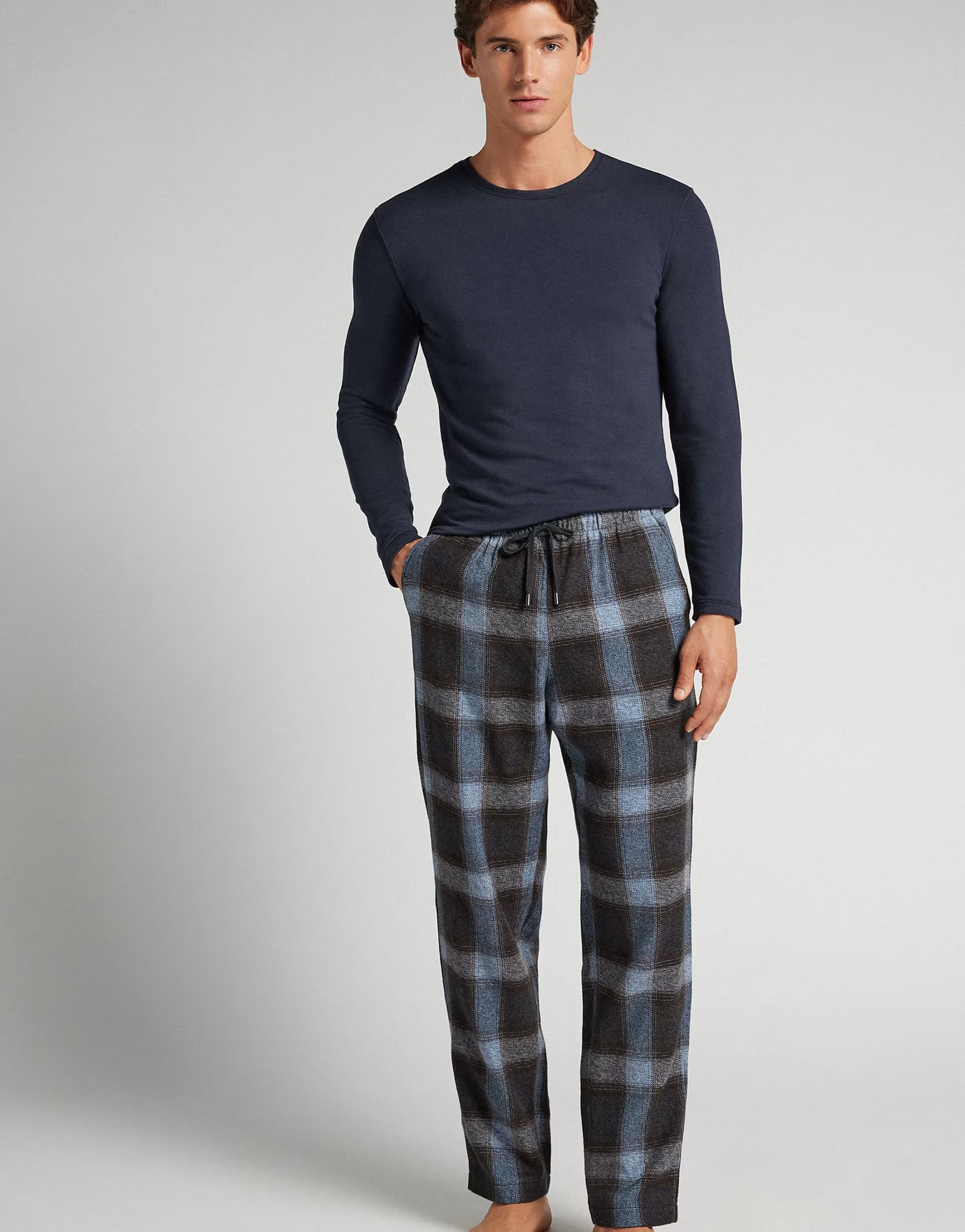 ASOS Intimissimi Long blue check print knit trousers in denim brown check