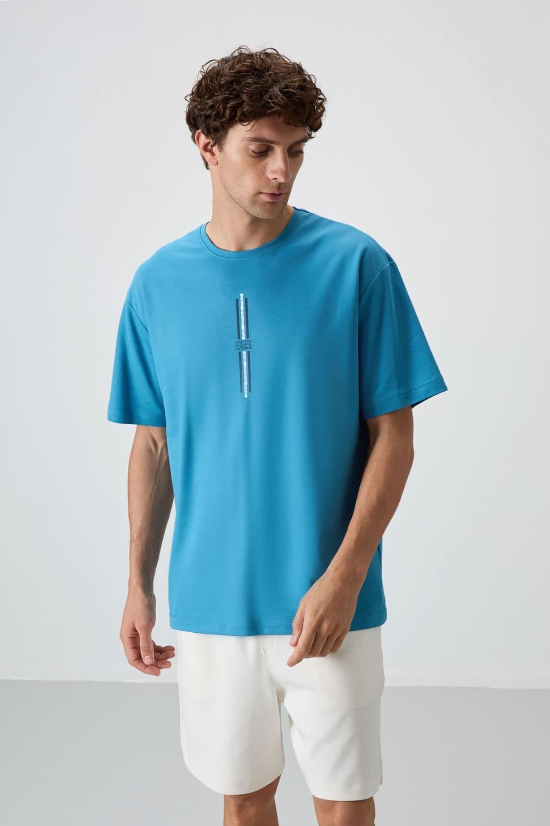 Tommy Life Tommy Life Men's Oversized Printed Crew Neck T-Shirt in Blue