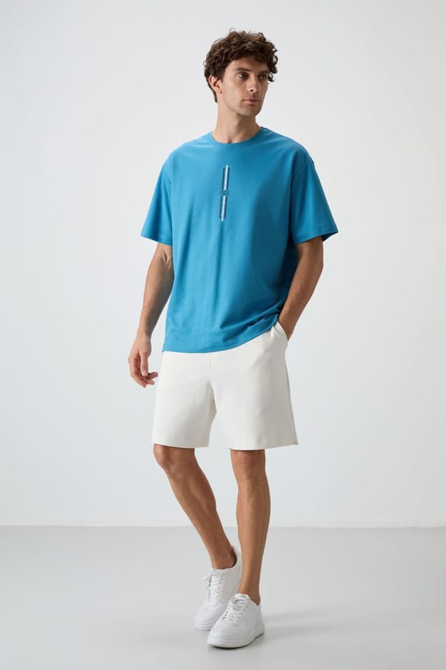 Tommy Life Tommy Life Men's Oversized Printed Crew Neck T-Shirt in Blue - 2