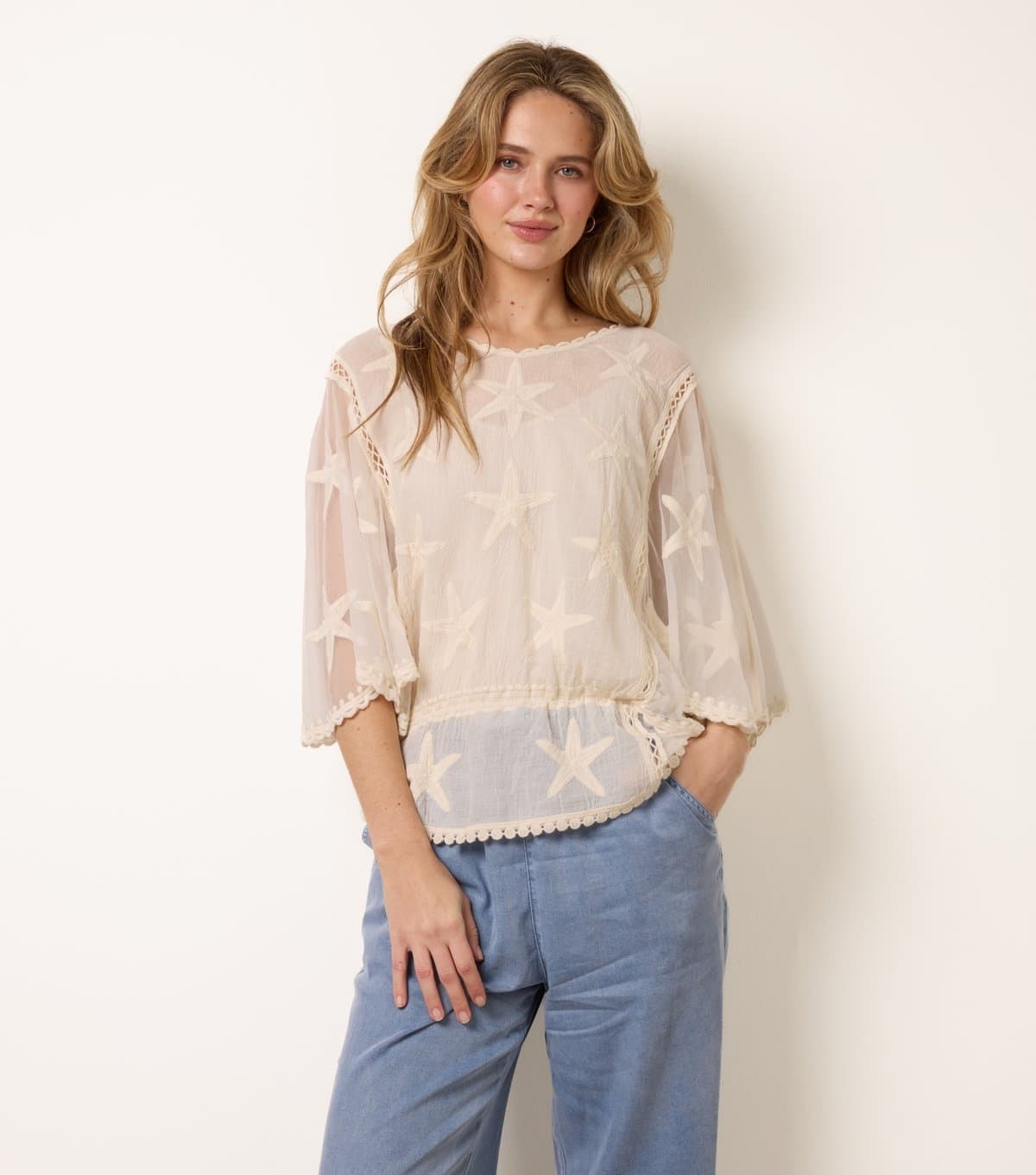 Blue Vanilla Women's Stone Semi Sheer Starfish Embellished Loose Blouse Blue Vanilla New Look