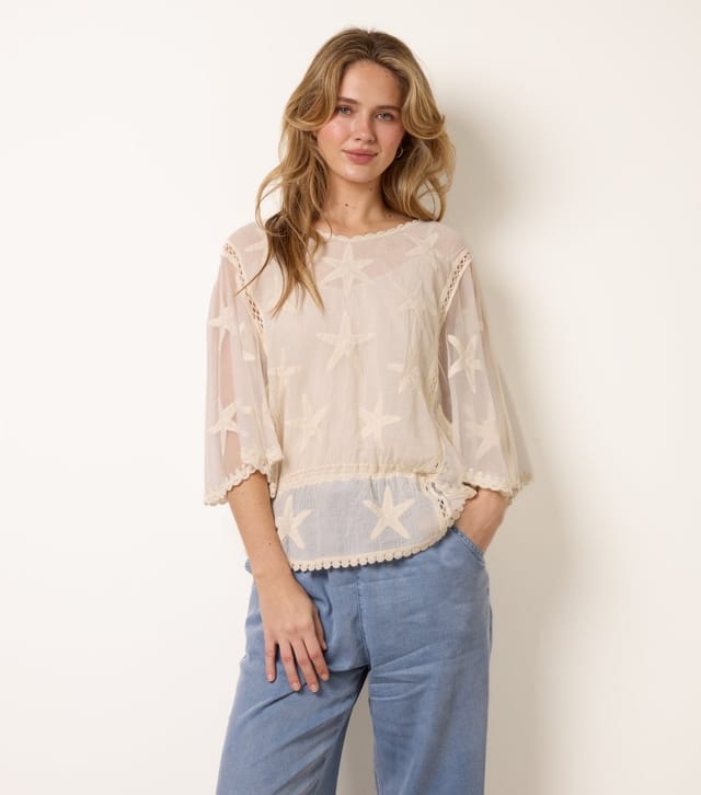 Blue Vanilla Women's Stone Semi Sheer Starfish Embellished Loose Blouse Blue Vanilla New Look - 2