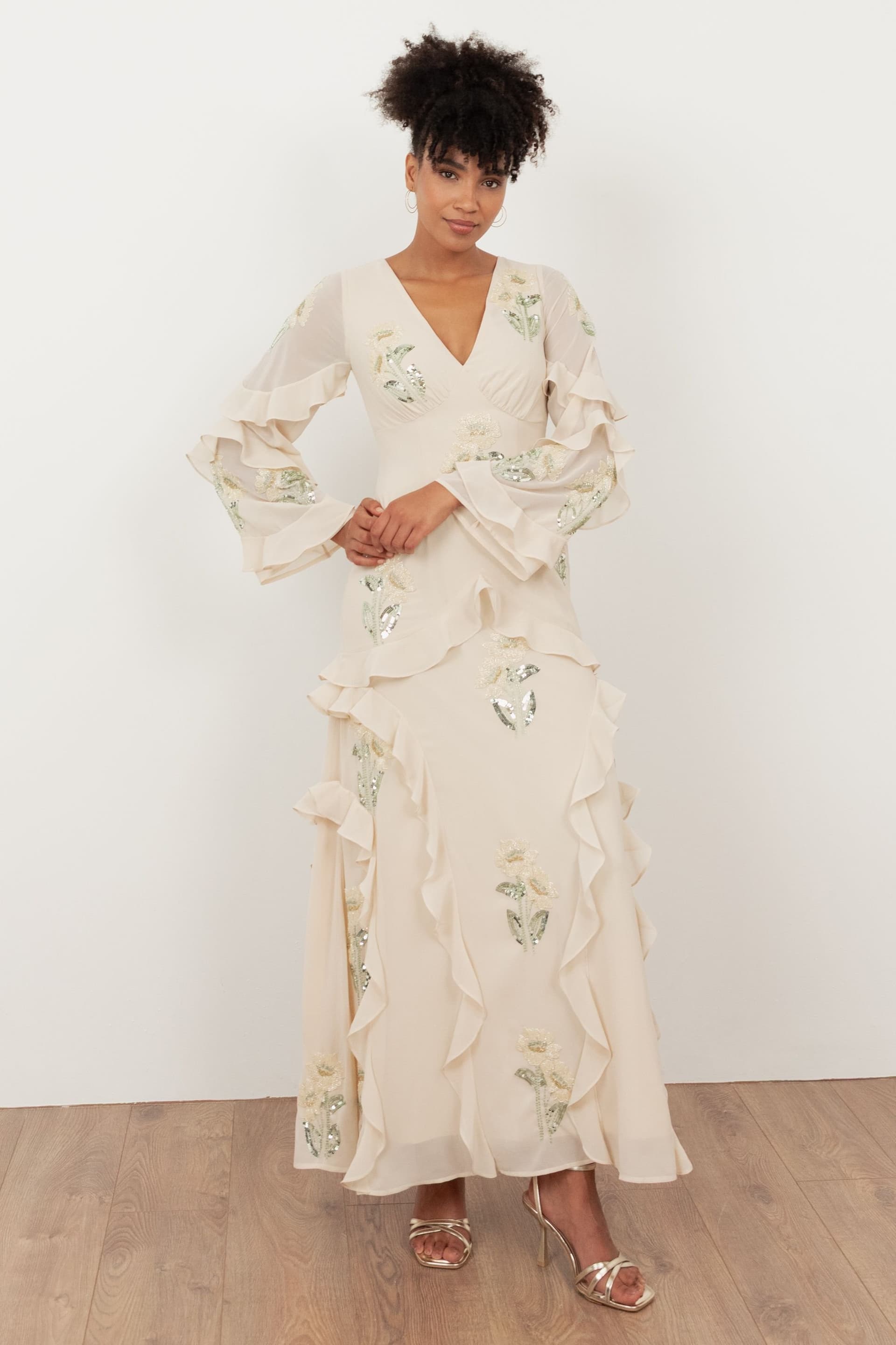 Maya Deluxe Maya Deluxe Women's Embellished Long Sleeve Ruffle Maxi Dress in Nude