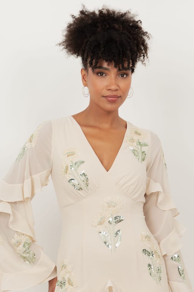 Maya Deluxe Maya Deluxe Women's Embellished Long Sleeve Ruffle Maxi Dress in Nude - 3