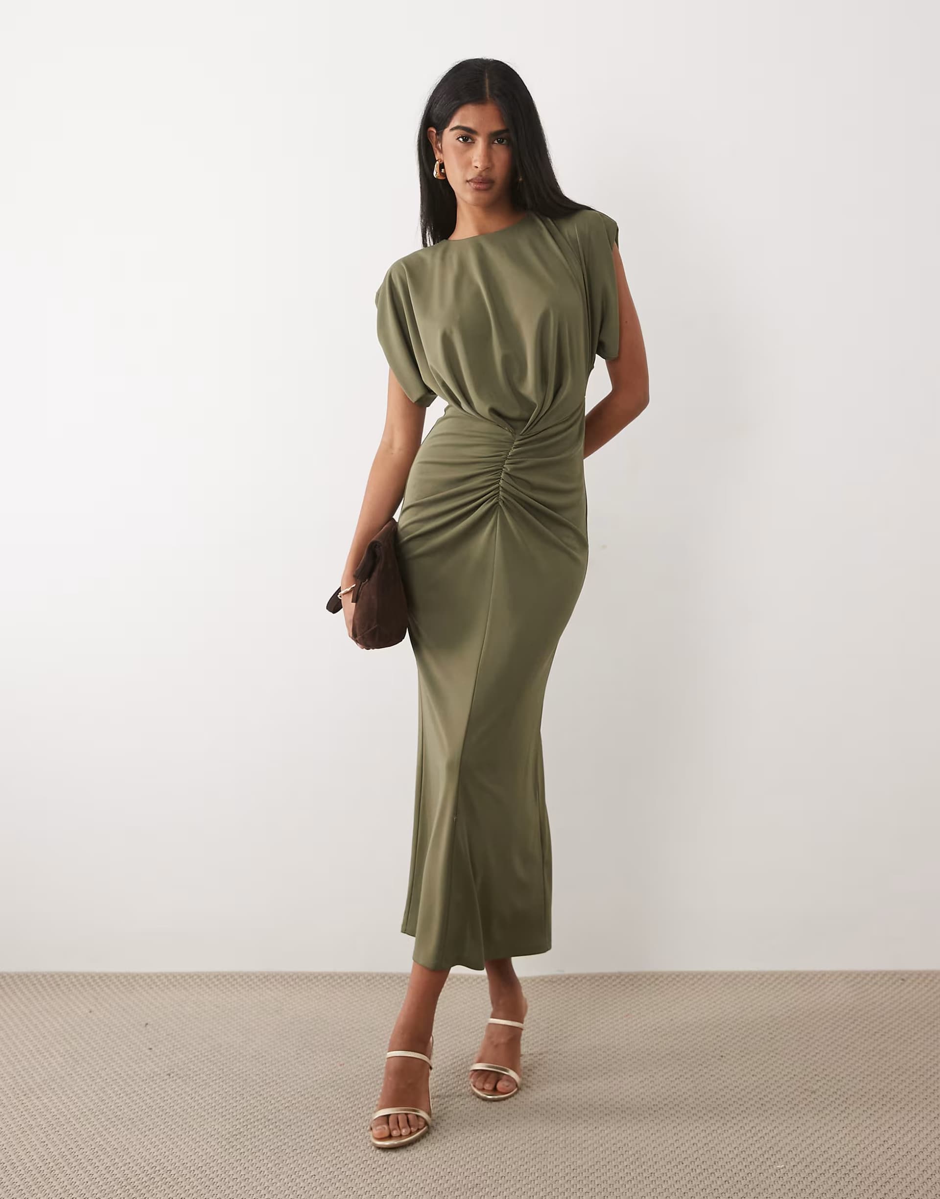 ASOS ASOS DESIGN structured shoulder ruched front midi dress in khaki
