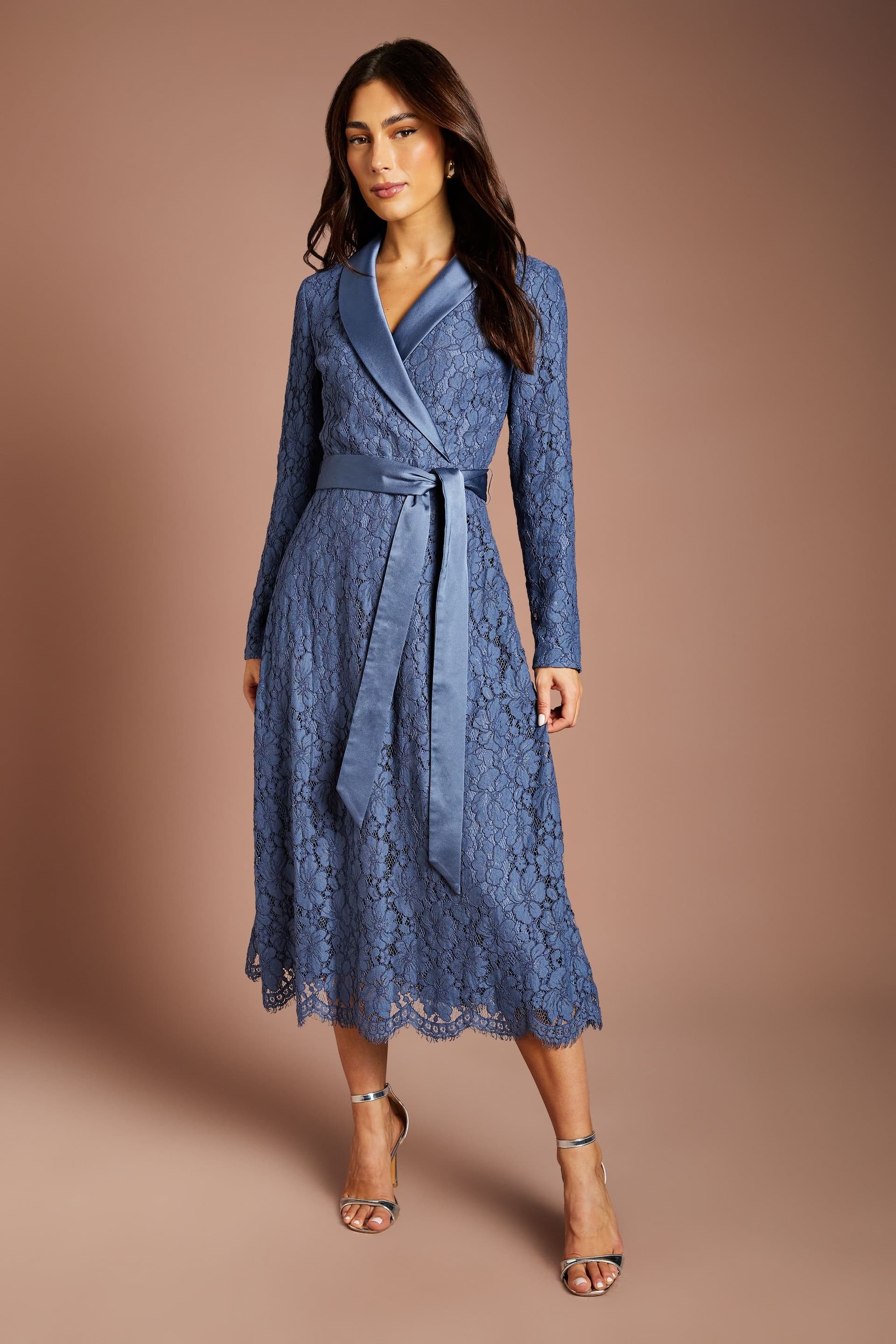 Coast Coast Women's Lace Long Sleeve Midi Dress With Satin Belt in Dusty Blue