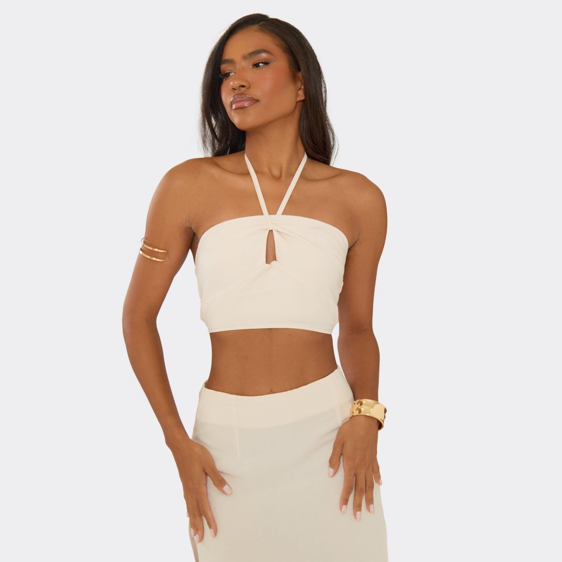 EGO Stone Linen Look Halterneck Cut Out Top