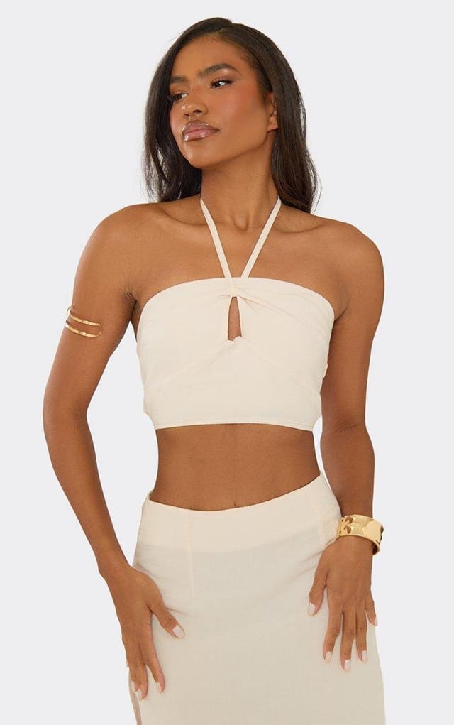 EGO Halterneck Cut Out Top In Stone Linen Look, Women's Size UK 6 - 2