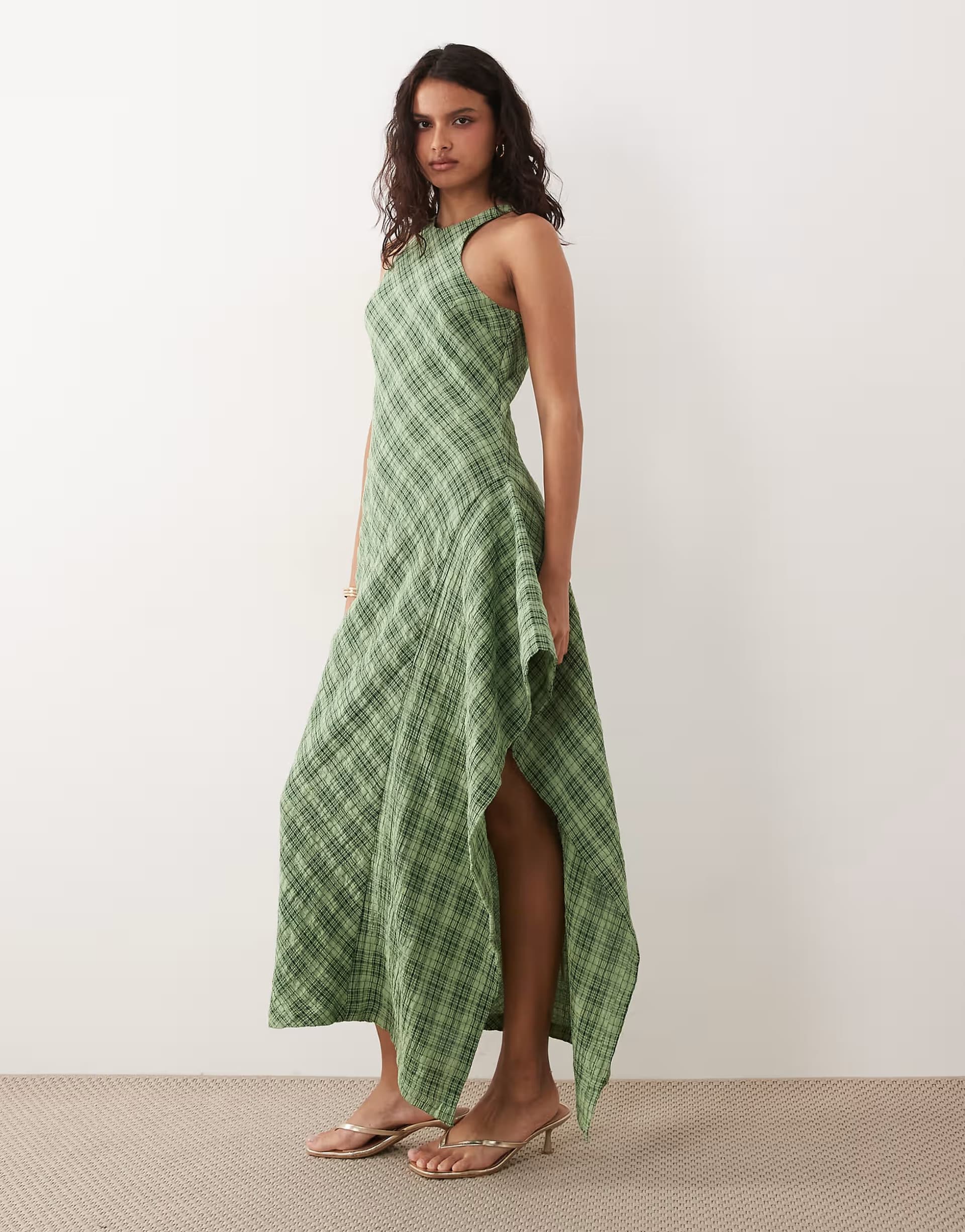 ASOS ASOS DESIGN racer midi dress with side ruffle detail in green check