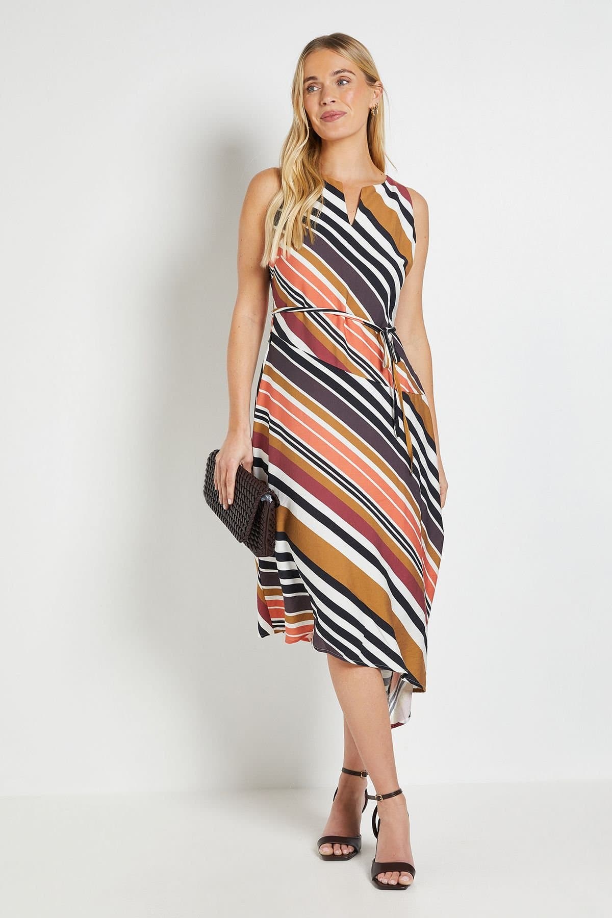 Wallis Wallis Women's Petite Stripe Asymmetric Midi Dress in Brown