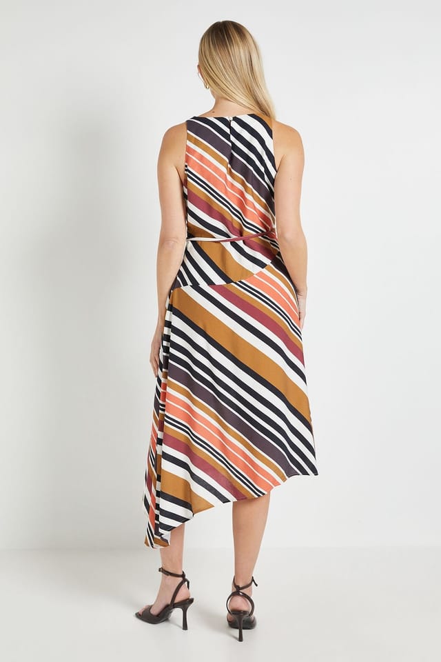 Wallis Wallis Women's Petite Stripe Asymmetric Midi Dress in Brown - 3