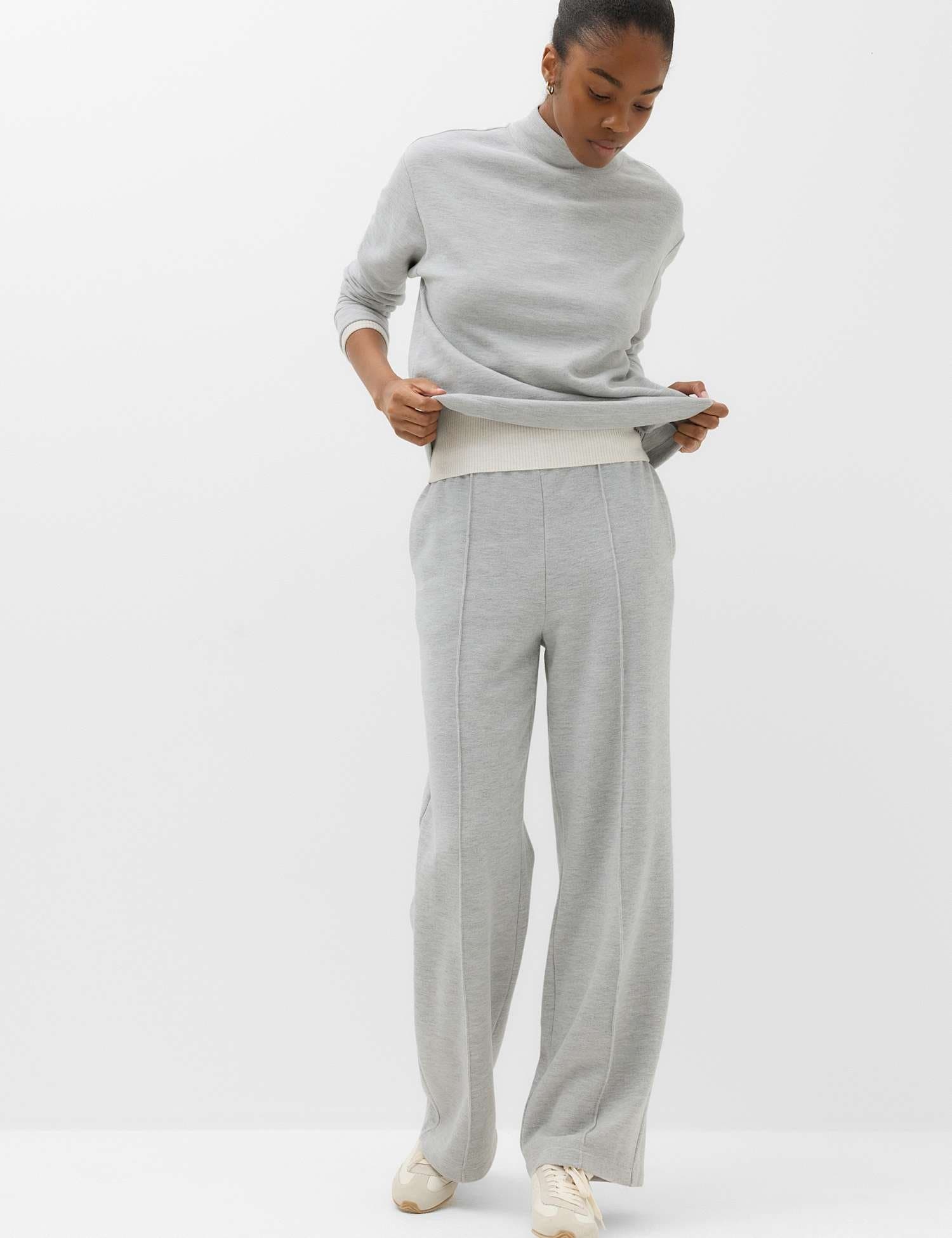 Marks & Spencer M&S Cotton Rich Pintuck Wide Leg Trousers Grey Marl