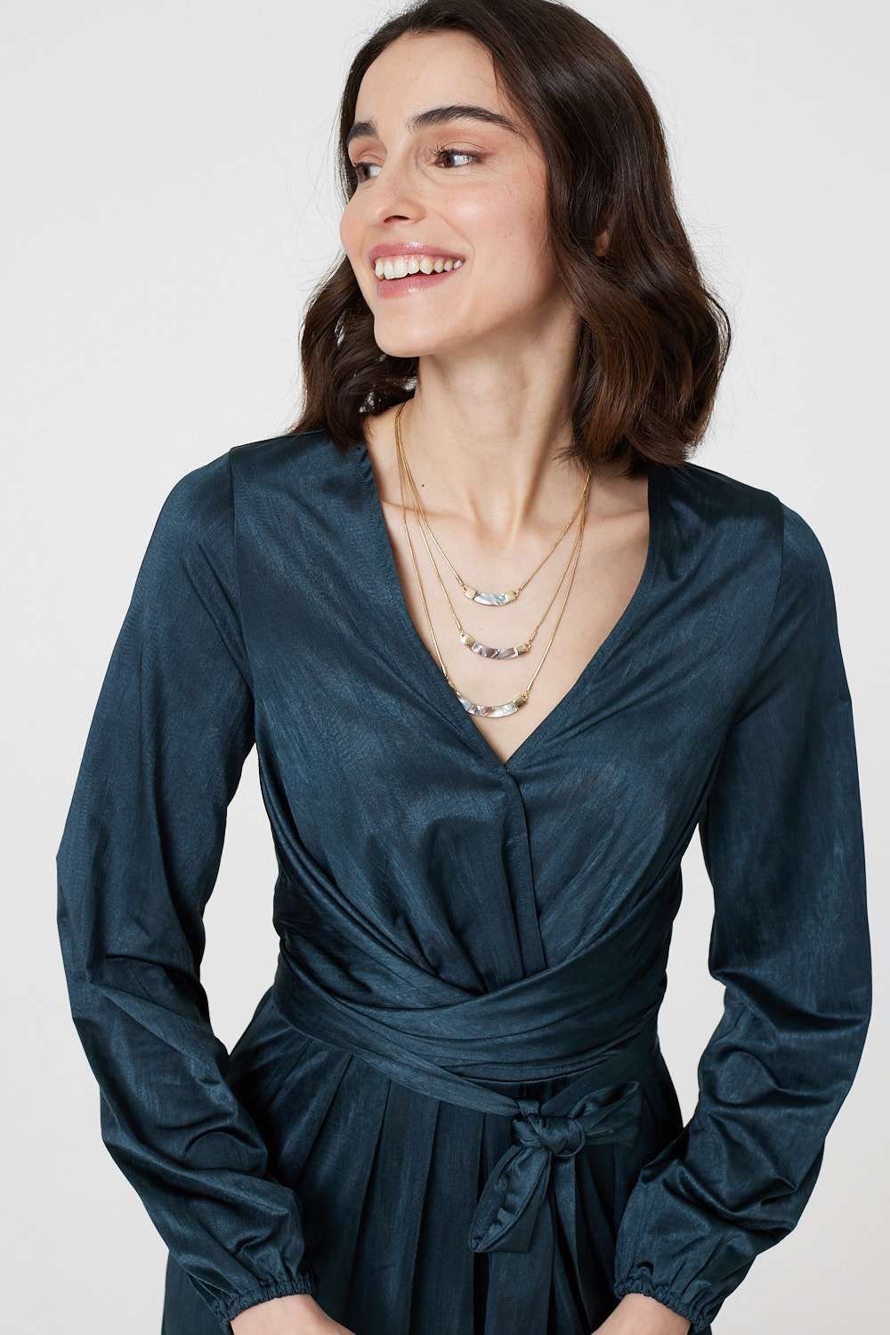 Izabel London Izabel London Women's Ruched Long Sleeve Midi Wrap Dress in Green - 4