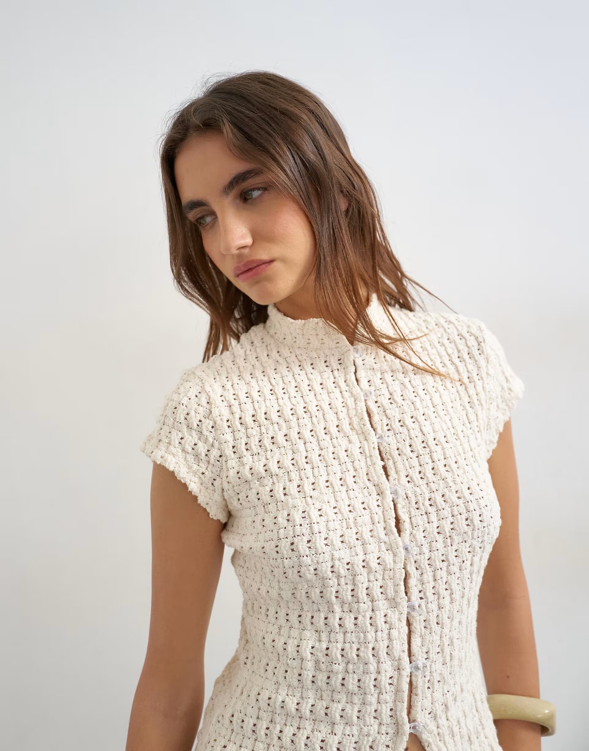ASOS Topshop crochet cap sleeve button top in cream
