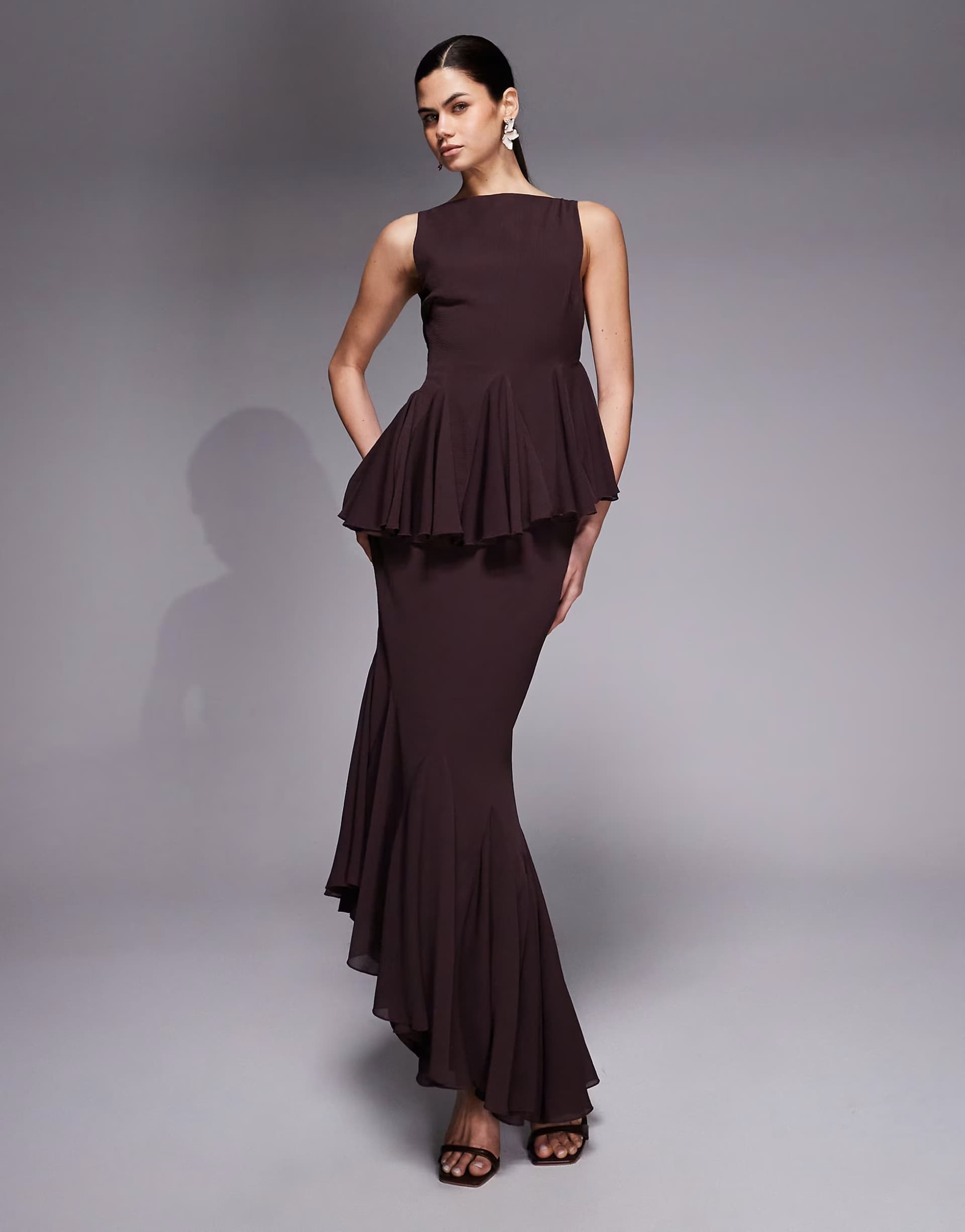 ASOS ASOS DESIGN slash high neckline maxi dress with godets and asymmetric hem in chocolate