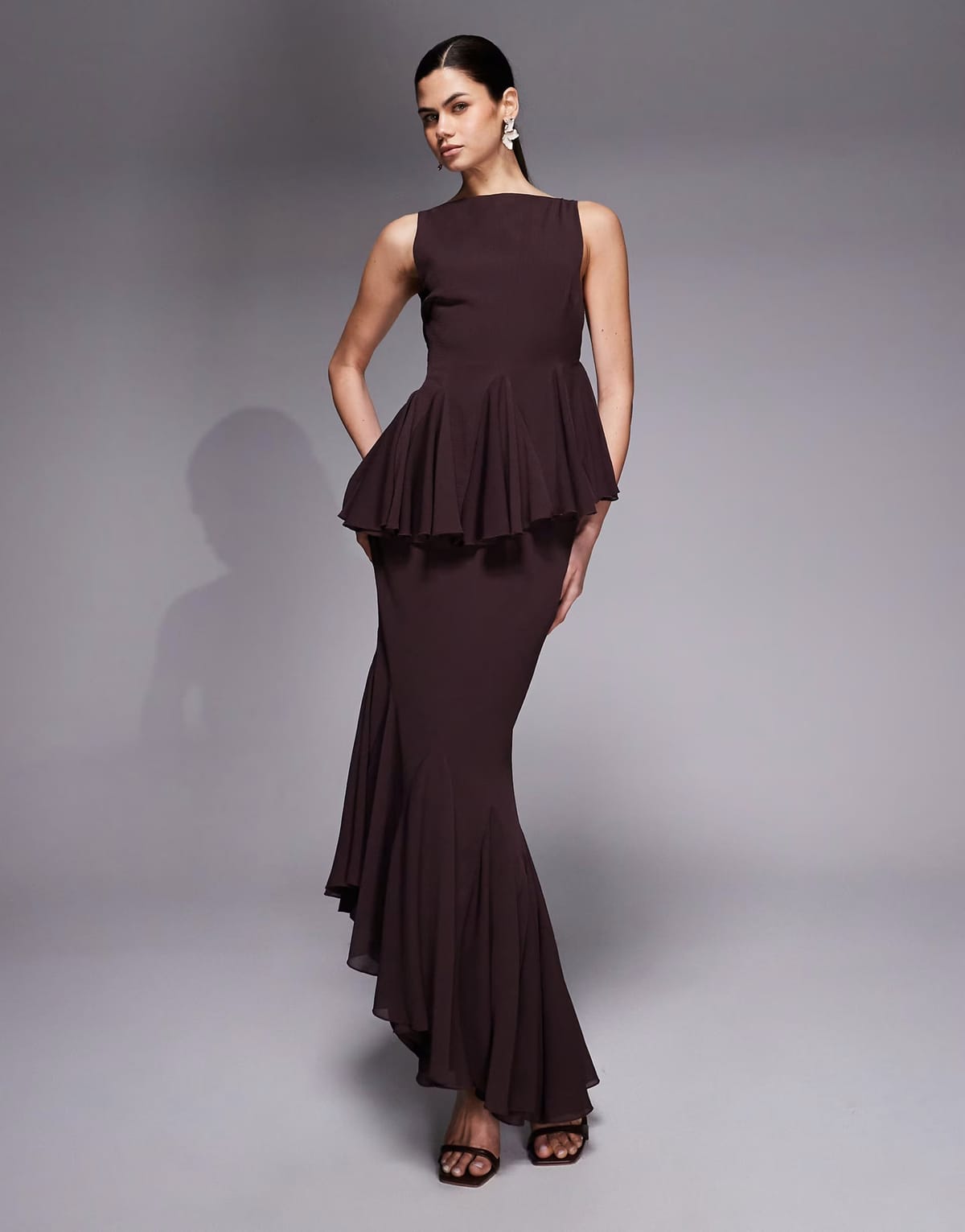 ASOS ASOS DESIGN slash high neckline maxi dress with godets and asymmetric hem in chocolate - 1