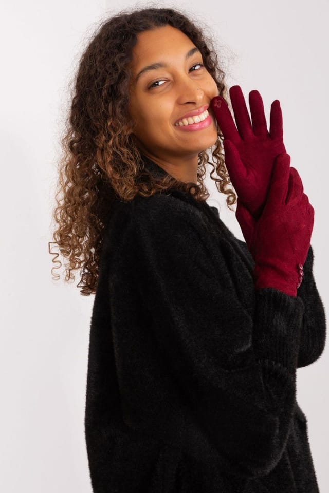 Love Lace Love Lace Women's Elegant Fabric Gloves with Geometric Pattern & Touch Flower in Red - 3