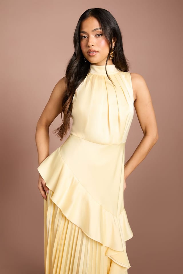 Coast Coast Women's Petite Sleeveless Ruffle Pleat Satin Back Crepe Dress in Lemon - 2