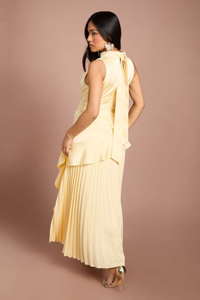 Coast Coast Women's Petite Sleeveless Ruffle Pleat Satin Back Crepe Dress in Lemon - 3