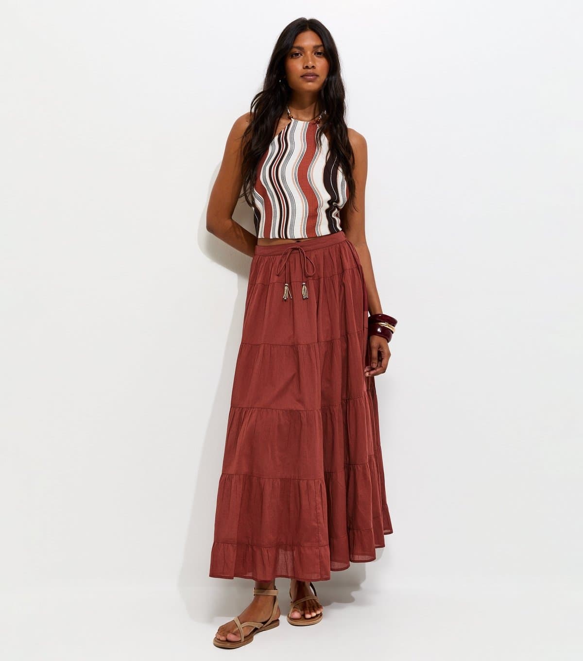 New Look Women's Rust Cotton Tiered Maxi Skirt New Look