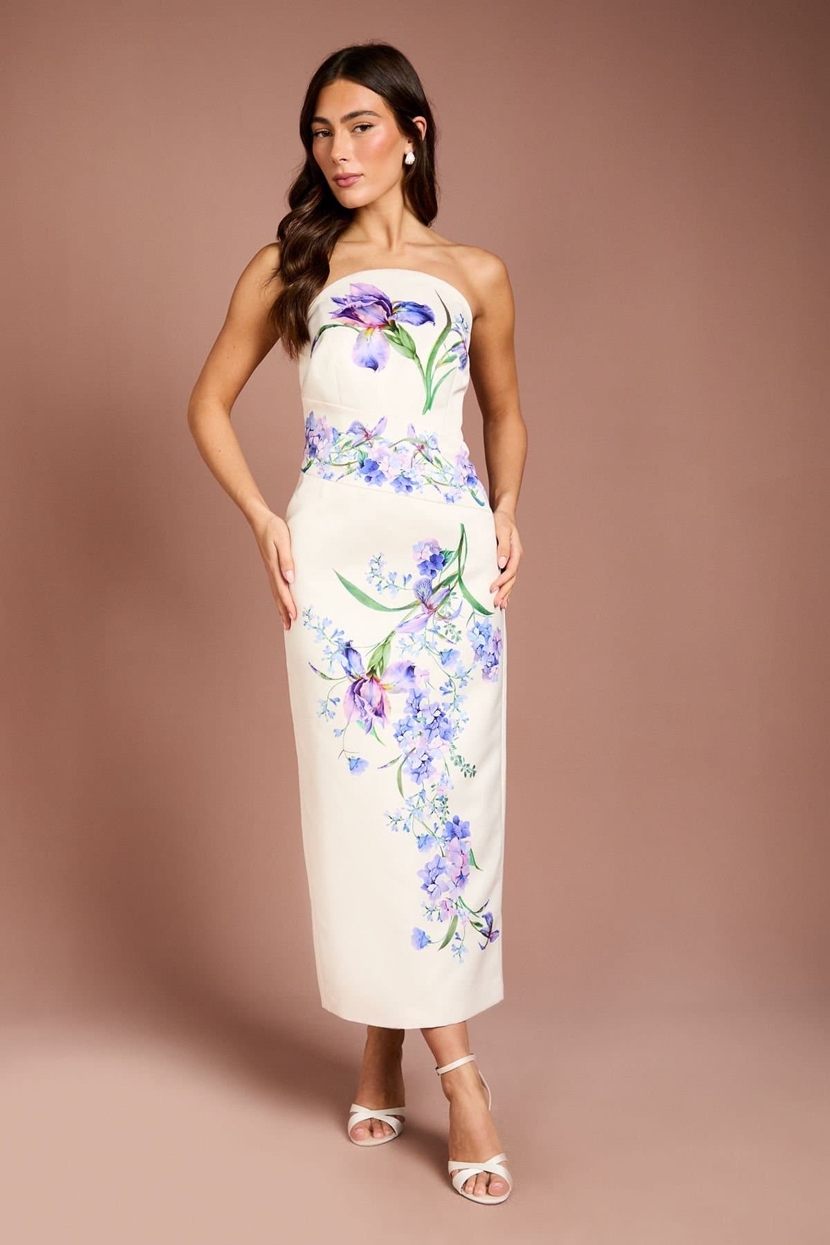 Coast Coast Women's Placement Print Floral Bandeau Pencil Maxi Dress in Ivory
