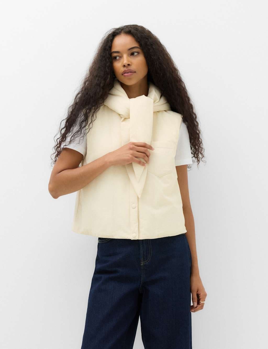 Marks & Spencer M&S Padded Tie Neck Hooded Gilet Light Cream