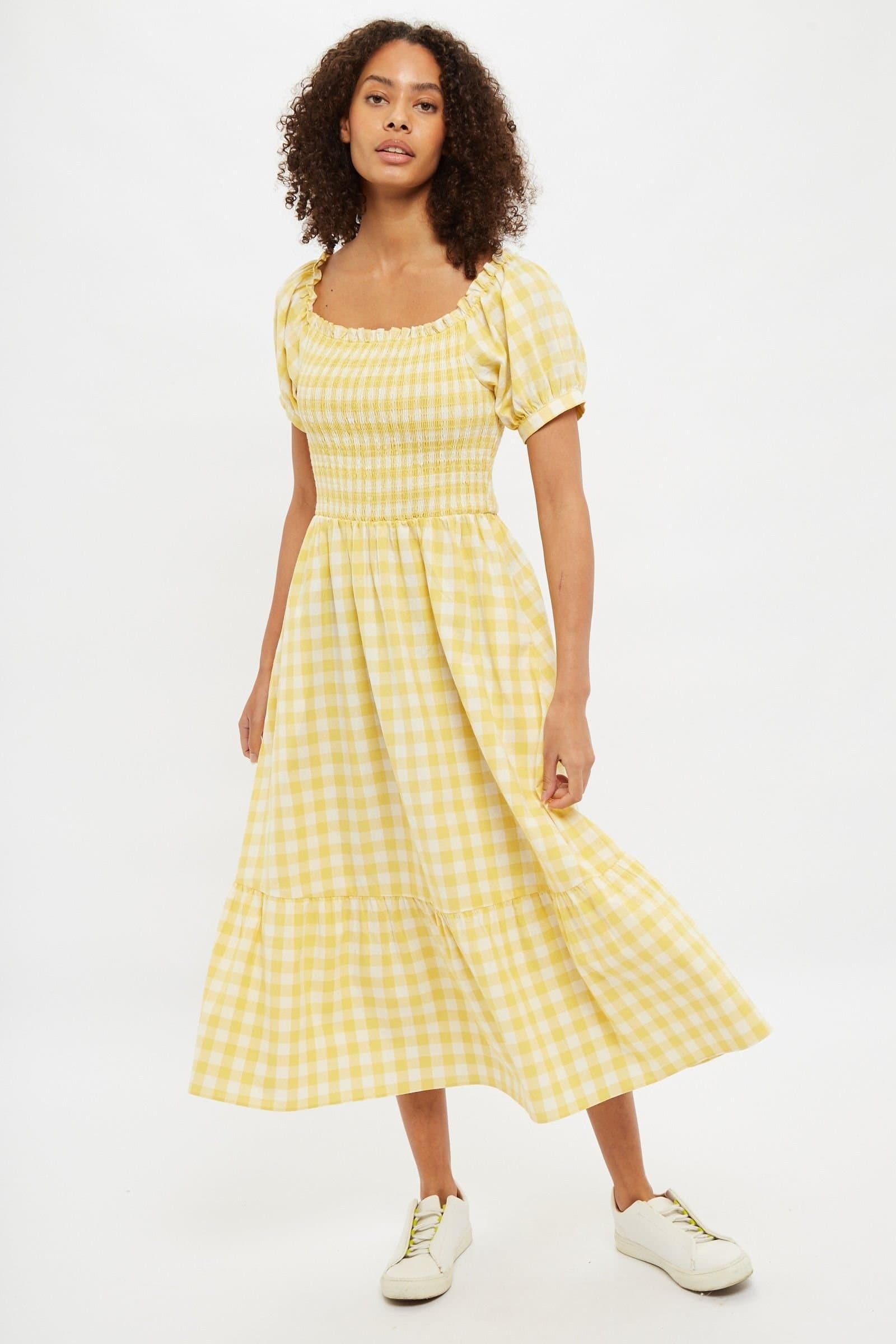 Louche Louche Women's Babette Picnic Checked Shirred Bodice Midi Dress in Yellow