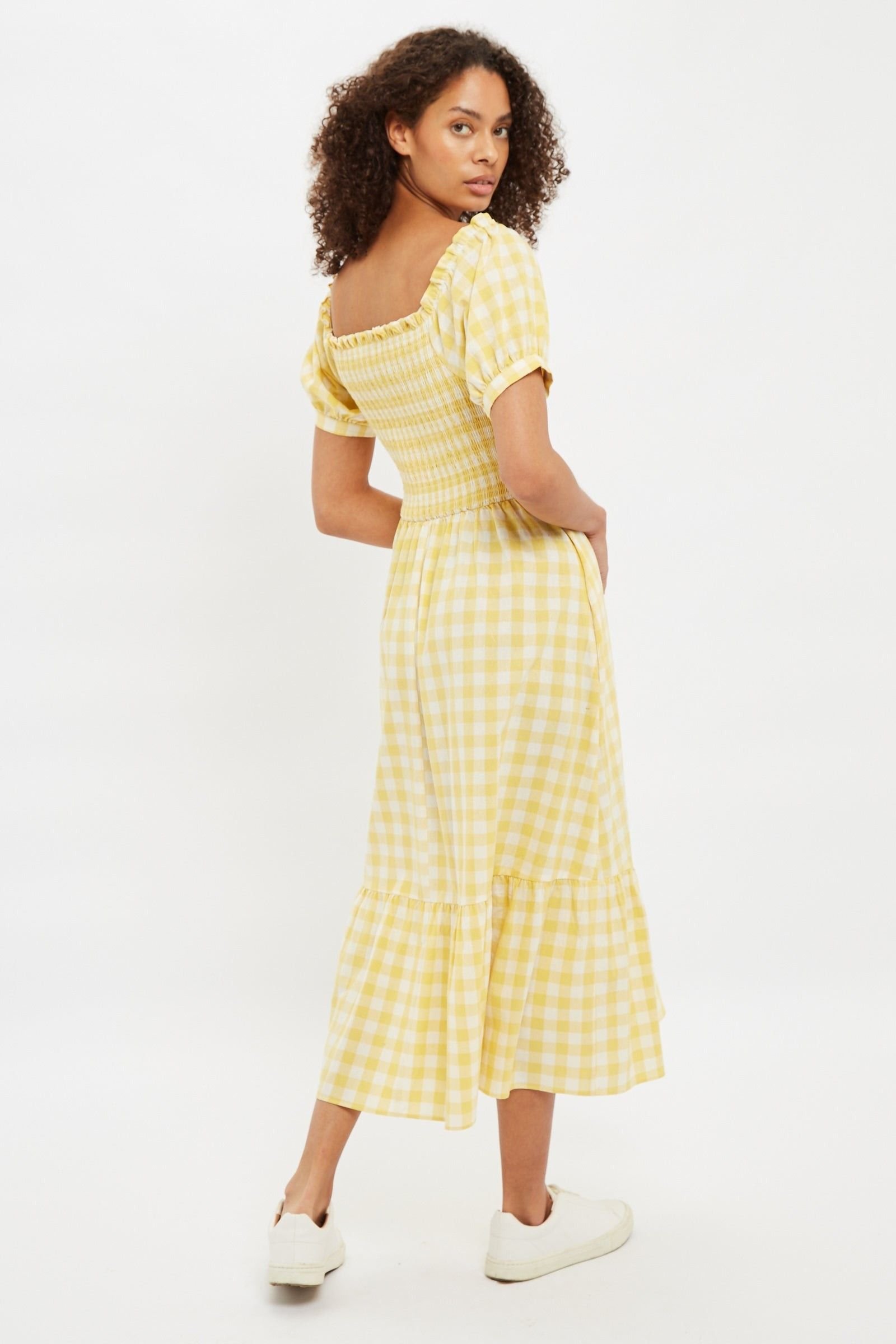 Louche Louche Women's Babette Picnic Checked Shirred Bodice Midi Dress in Yellow - 2