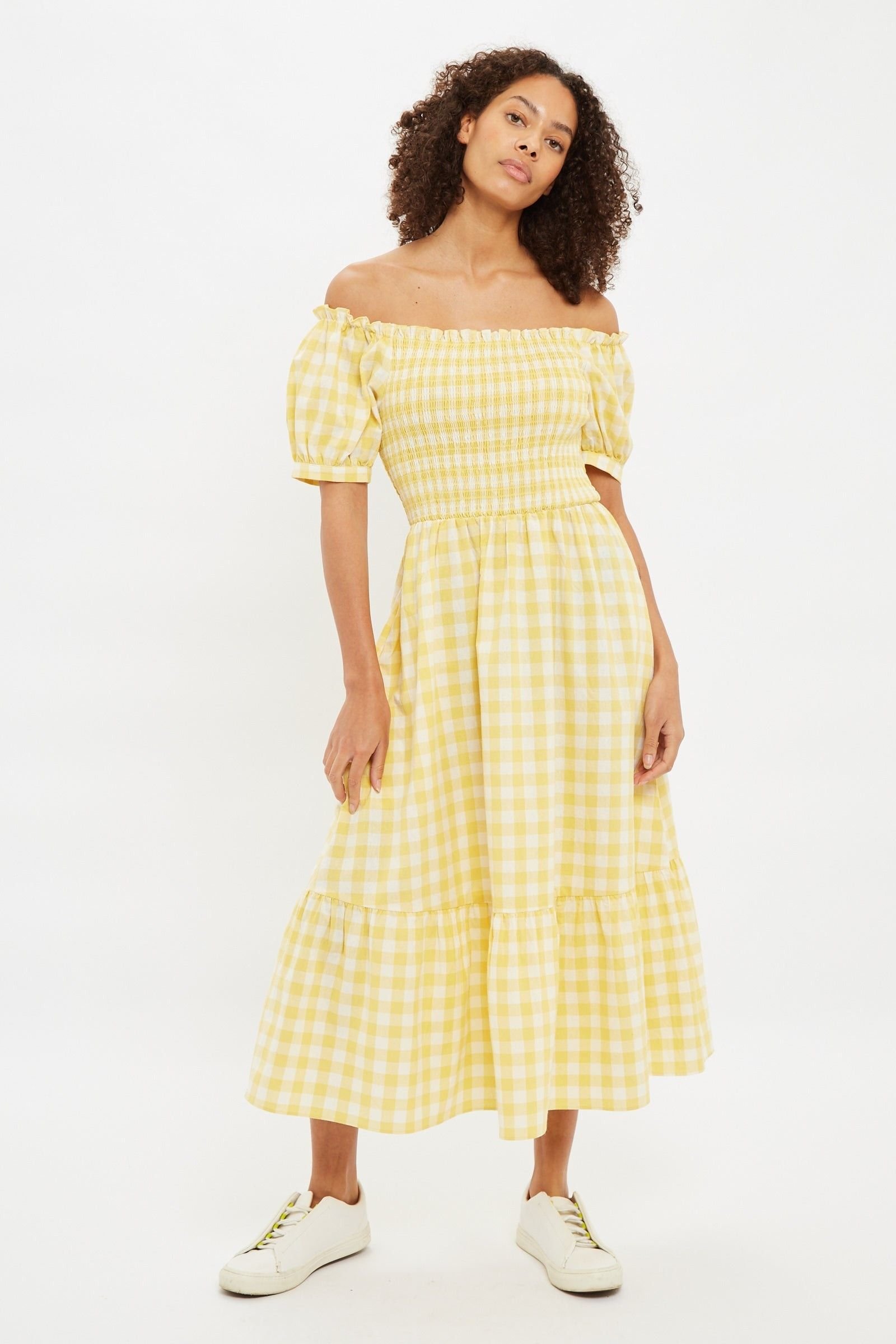 Louche Louche Women's Babette Picnic Checked Shirred Bodice Midi Dress in Yellow - 4
