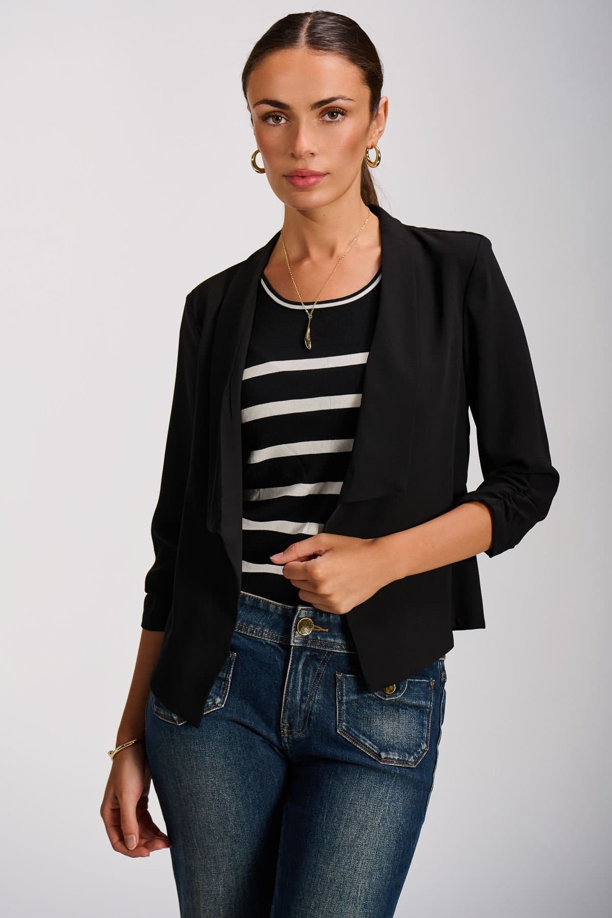 Jolie Moi Jolie Moi Women's Draped Open Collar Blazer in Black