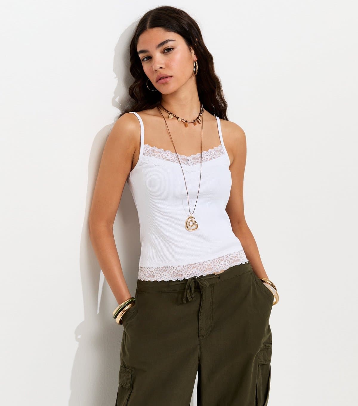 New Look Women's White Cotton Rich Lace Trim Cami Top New Look