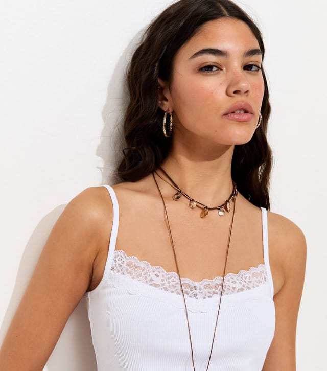 New Look Women's White Cotton Rich Lace Trim Cami Top New Look - 3